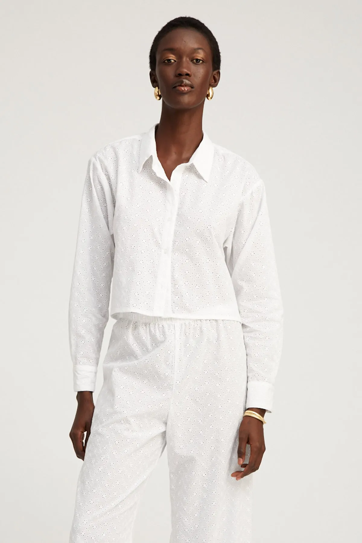 White Eyelet Cropped Button Down Ethical production