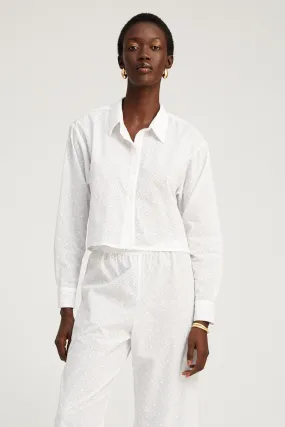AdjustableHem Adaptive Fit Technology White Eyelet Cropped Button Down