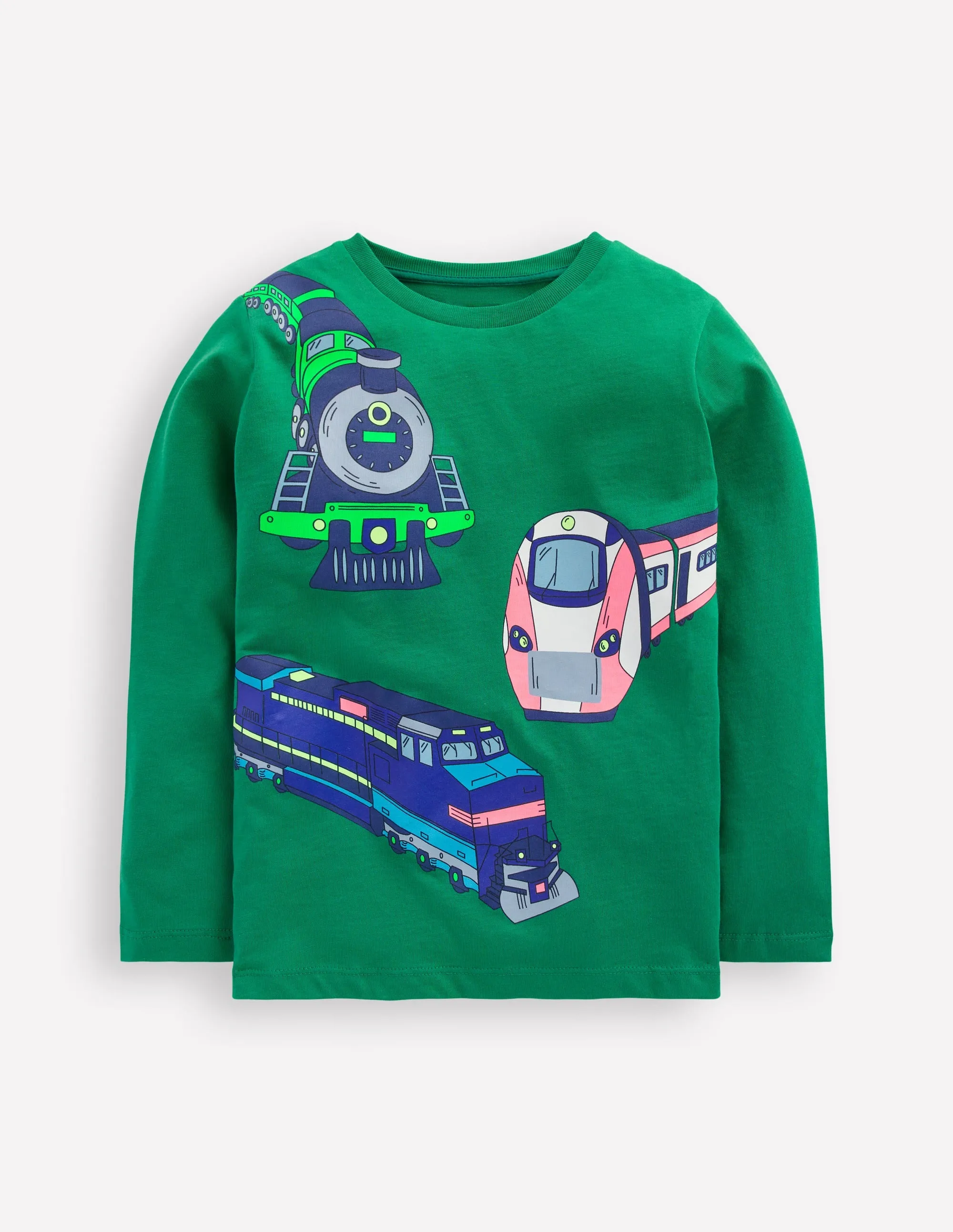Long Sleeve Printed T-shirt-Pine Green Trains Vintage Hoodie