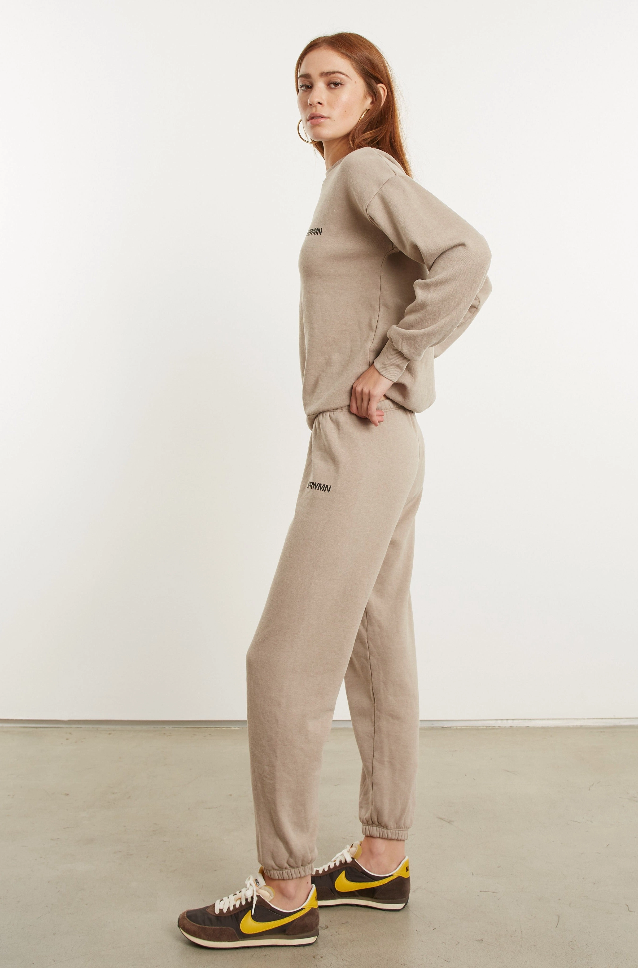 Tagless Collar DoubleStitchedHem Light Khaki Logo Sweatshirt