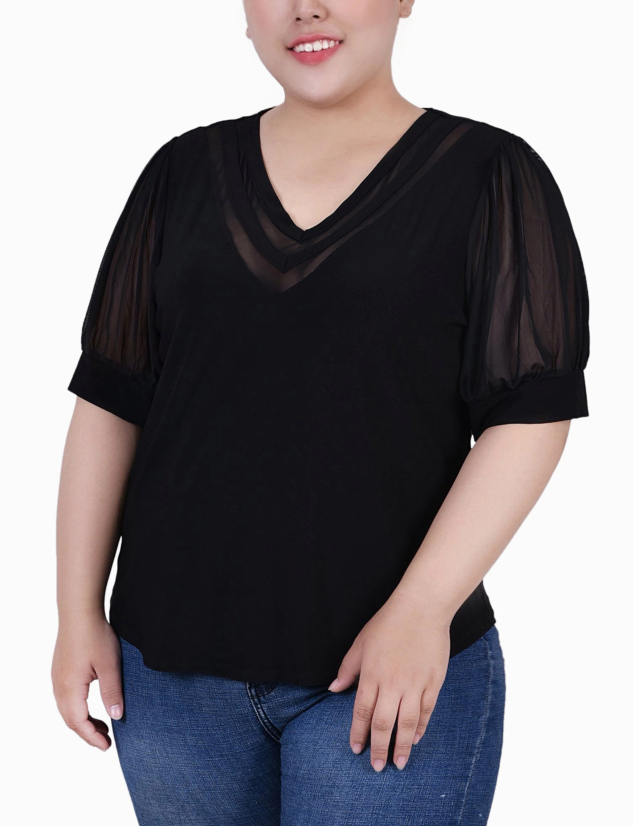 RibbedCuff Plus Size Short Puff Sleeve V Neck Top