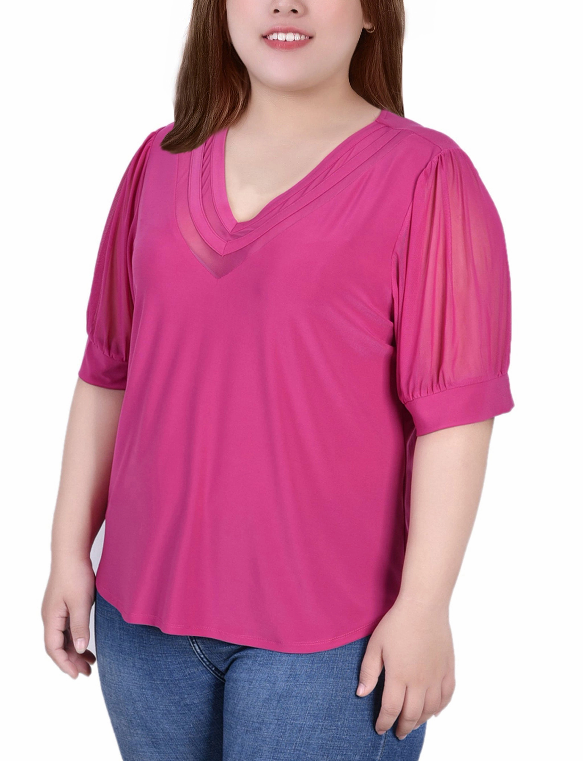 Plus Size Short Puff Sleeve V Neck Top Non Restrictive Mobility Minimalist Silhouette