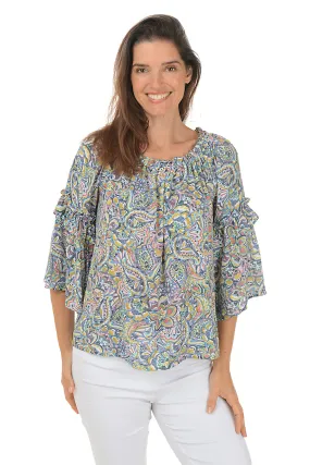 Modern Silhouette Floral Paisley Ruffled Bell Sleeve Blouse