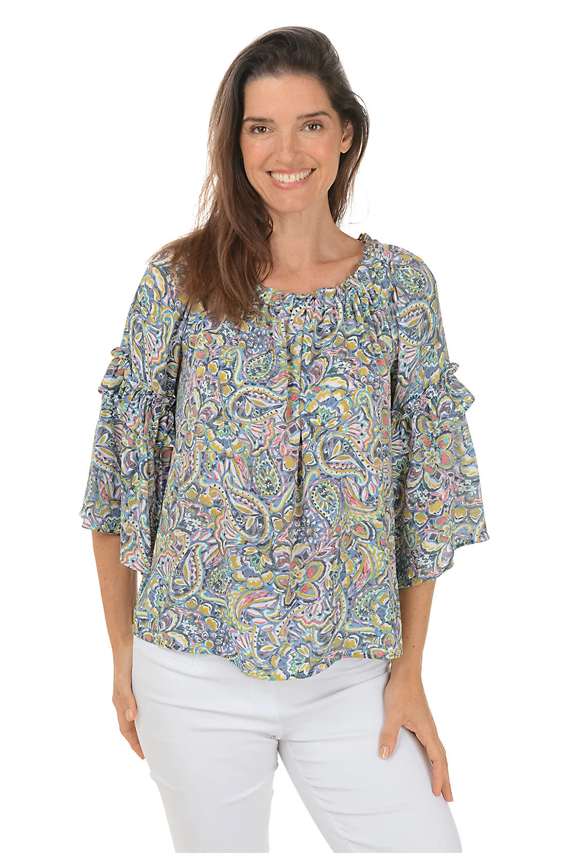 Floral Paisley Ruffled Bell Sleeve Blouse WrinkleFree Weaving Contrast Stitch