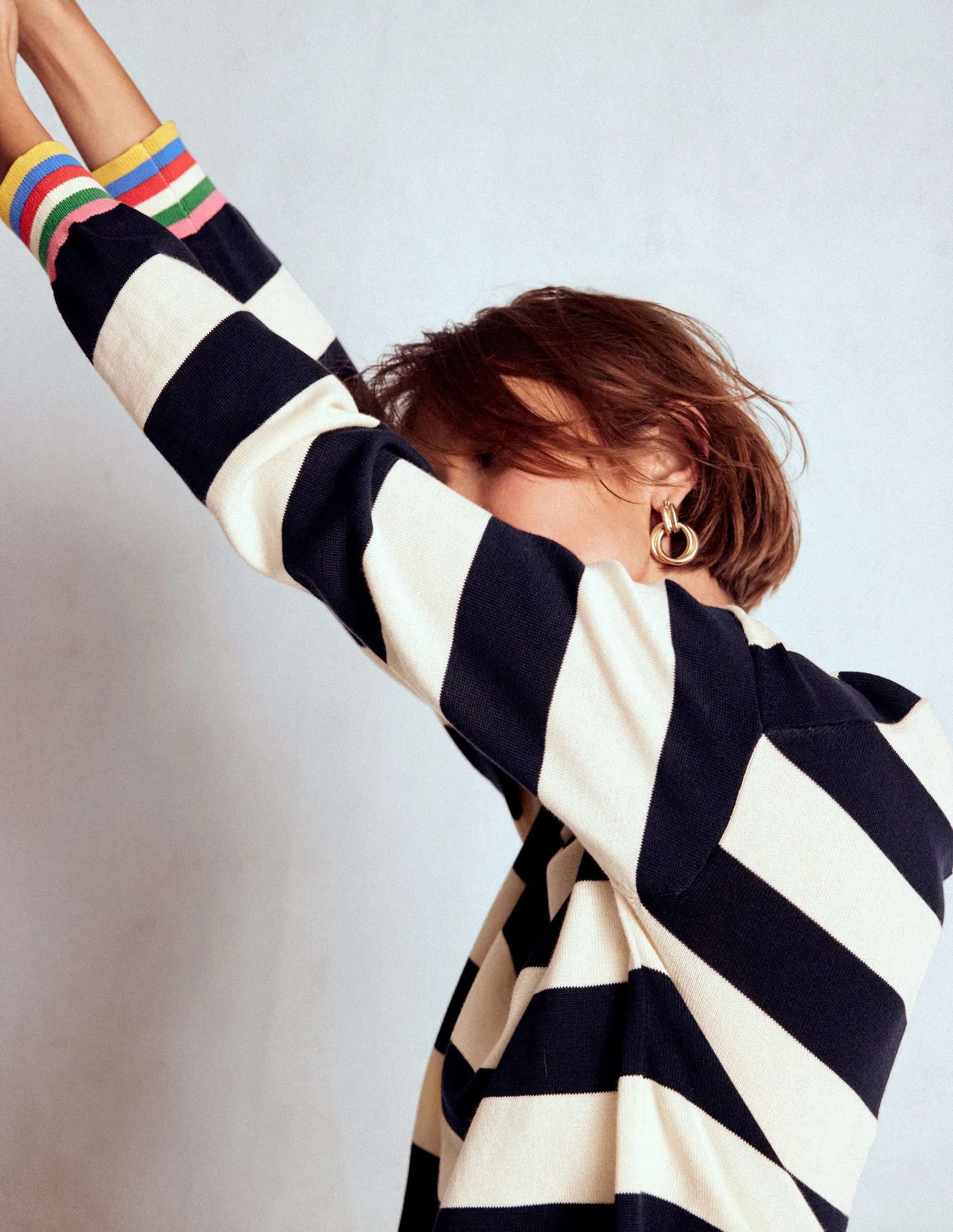 Lara Relaxed Cotton Jumper-Navy, Ivory Stripe Garment Dye Process