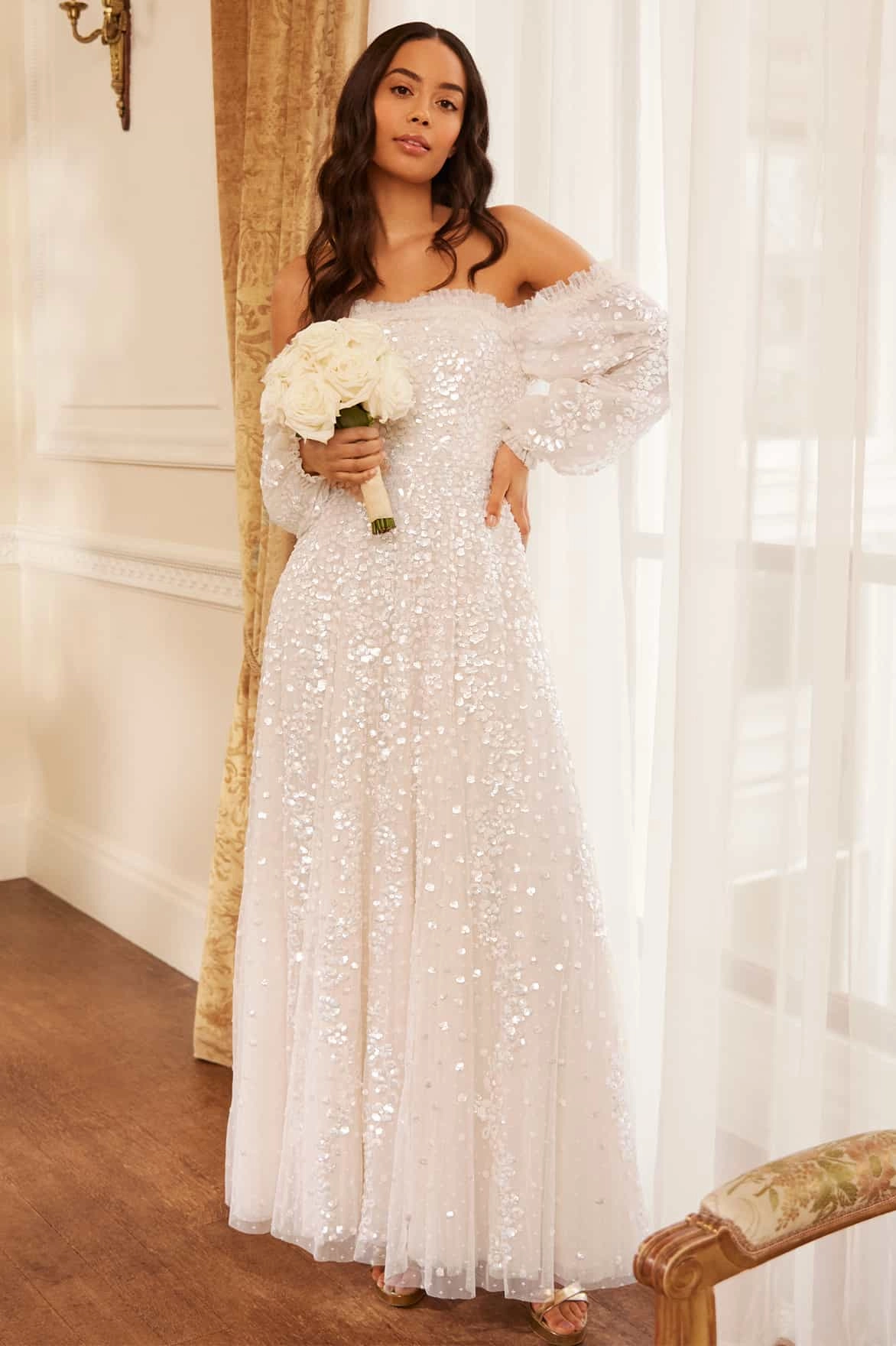 Confetti Gloss Off-Shoulder Gown Stylish dinner attire Pure Lines