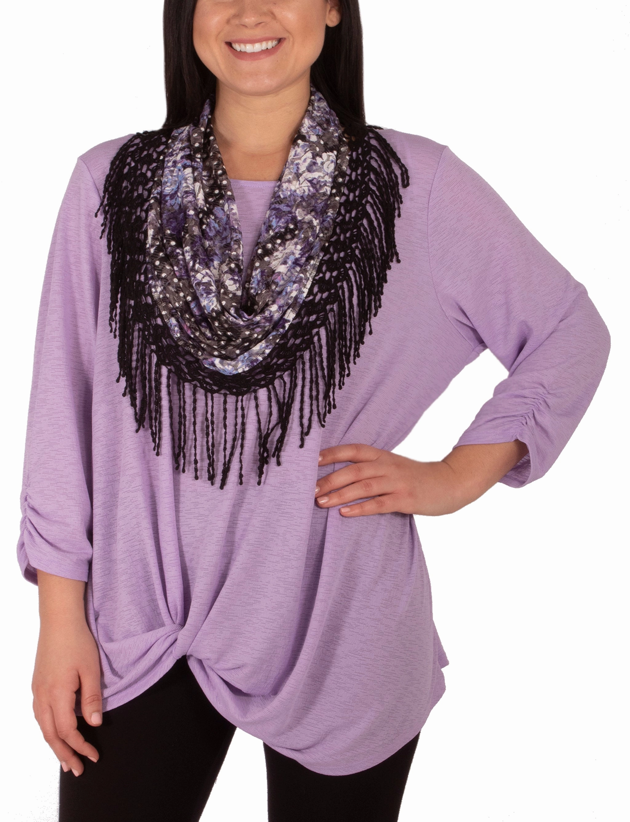 3/4 Ruched Sleeve Knot Top With Fringe Tassel Scarf Wrinkle Resistant Finish UltraSoft Blend