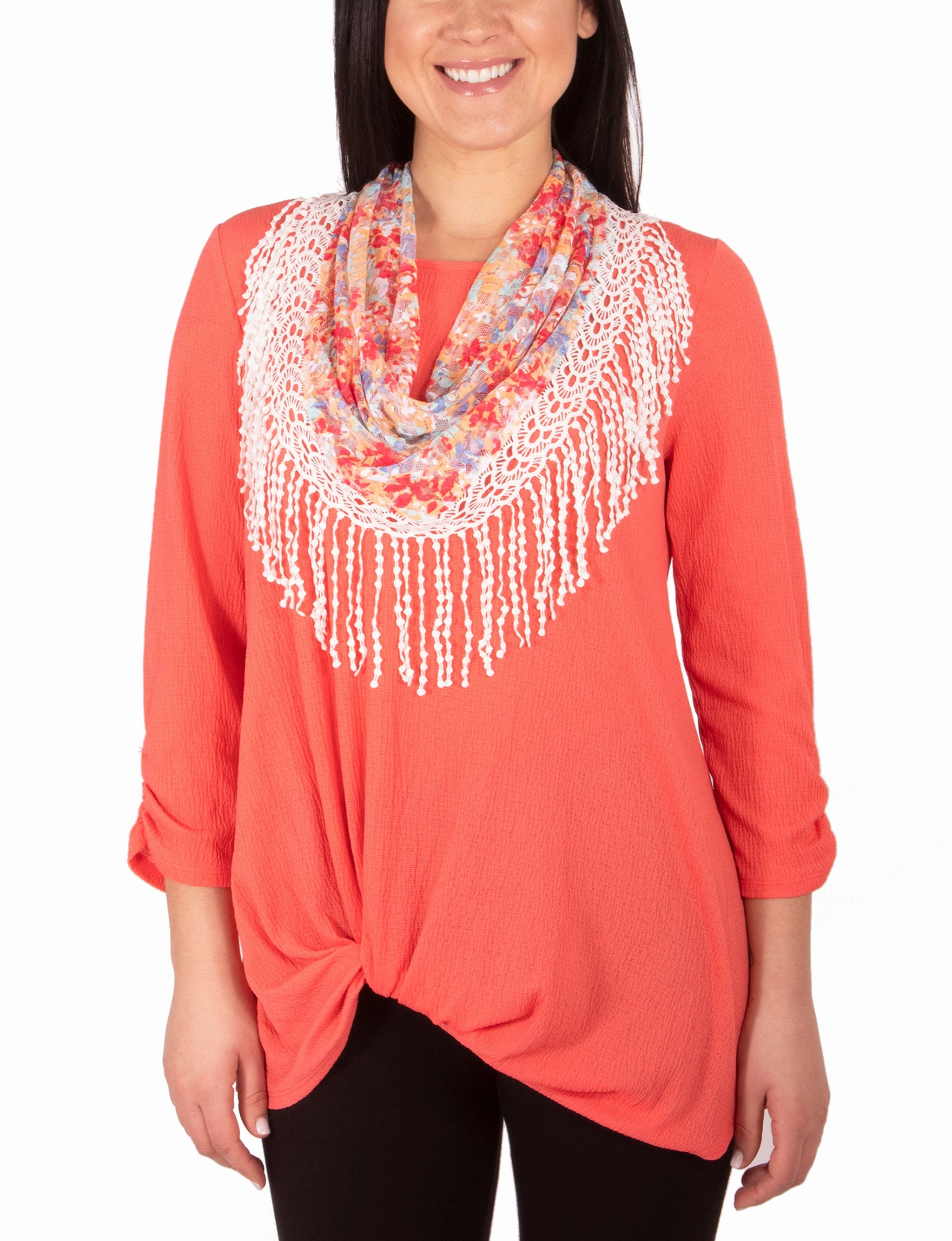 Temperature Control Fabric Stretch Comfort 3/4 Ruched Sleeve Knot Top With Fringe Tassel Scarf