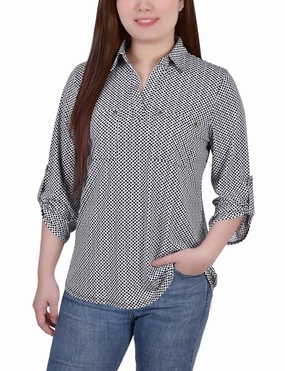 Petite 3/4 Roll Tab Sleeve Studded Y Neck Top OdorResistant Coating