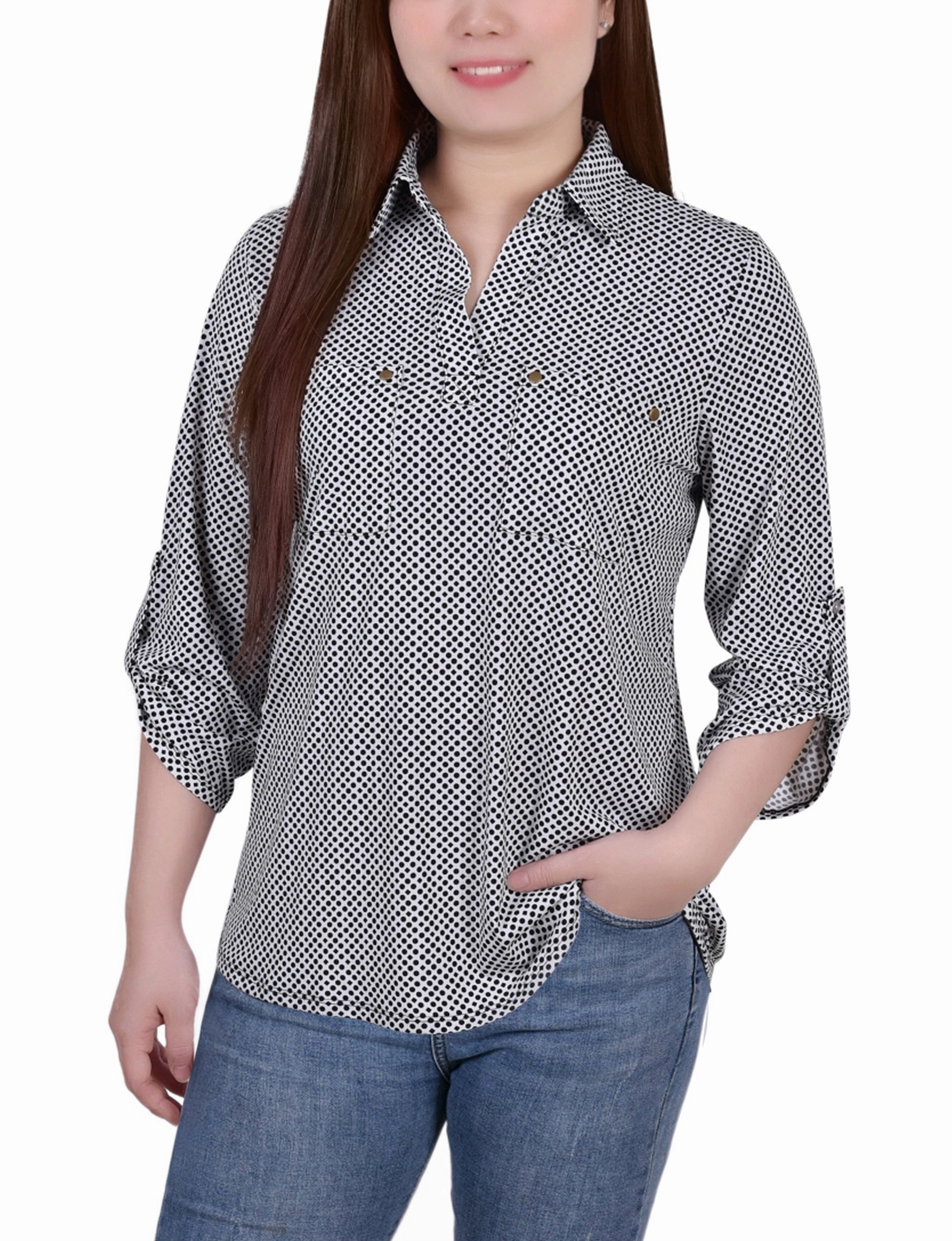 Petite 3/4 Roll Tab Sleeve Studded Y Neck Top UV Protective Coating