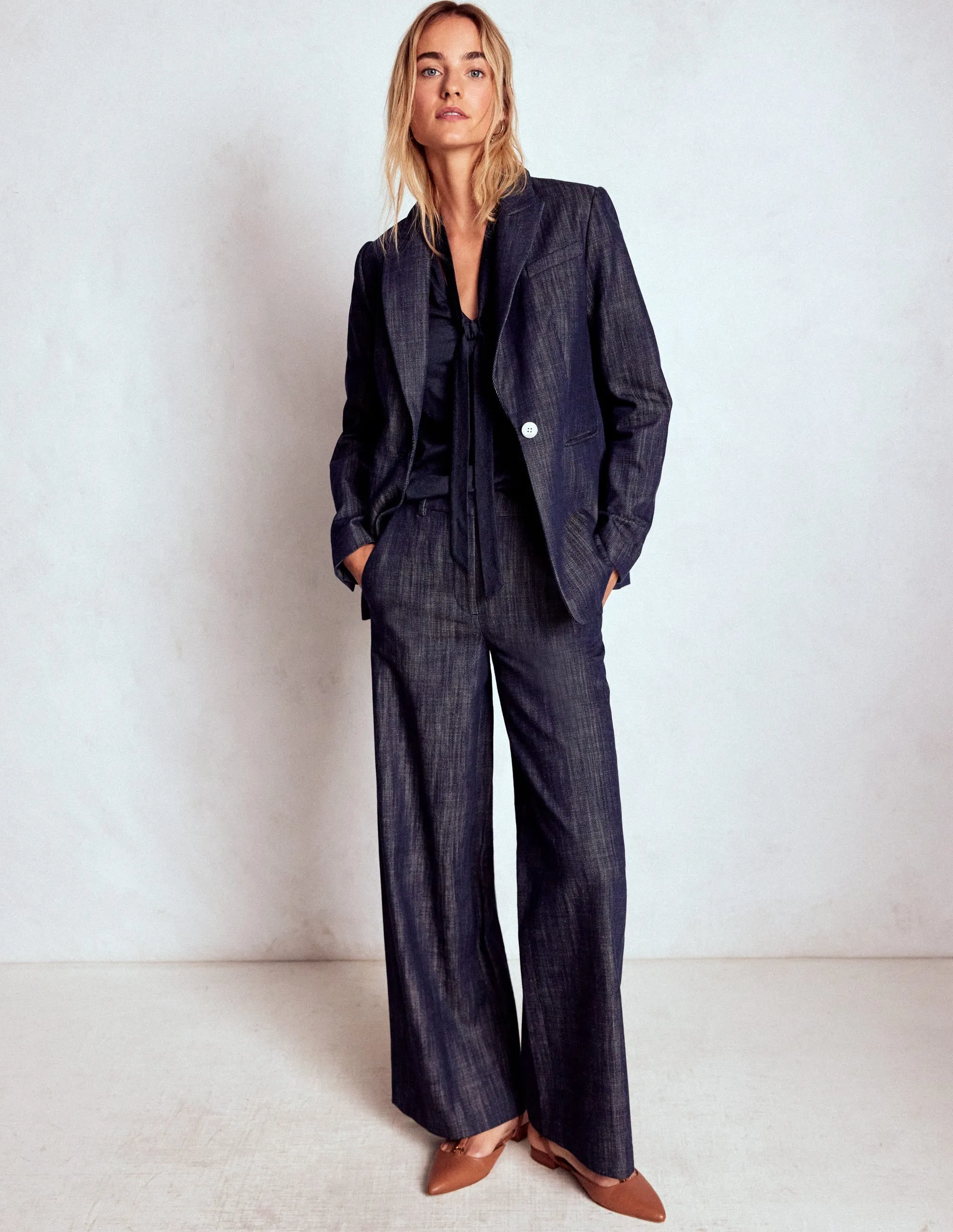 Tie Neck Supersoft Top-Navy Cool and Breezy Tailored Seams