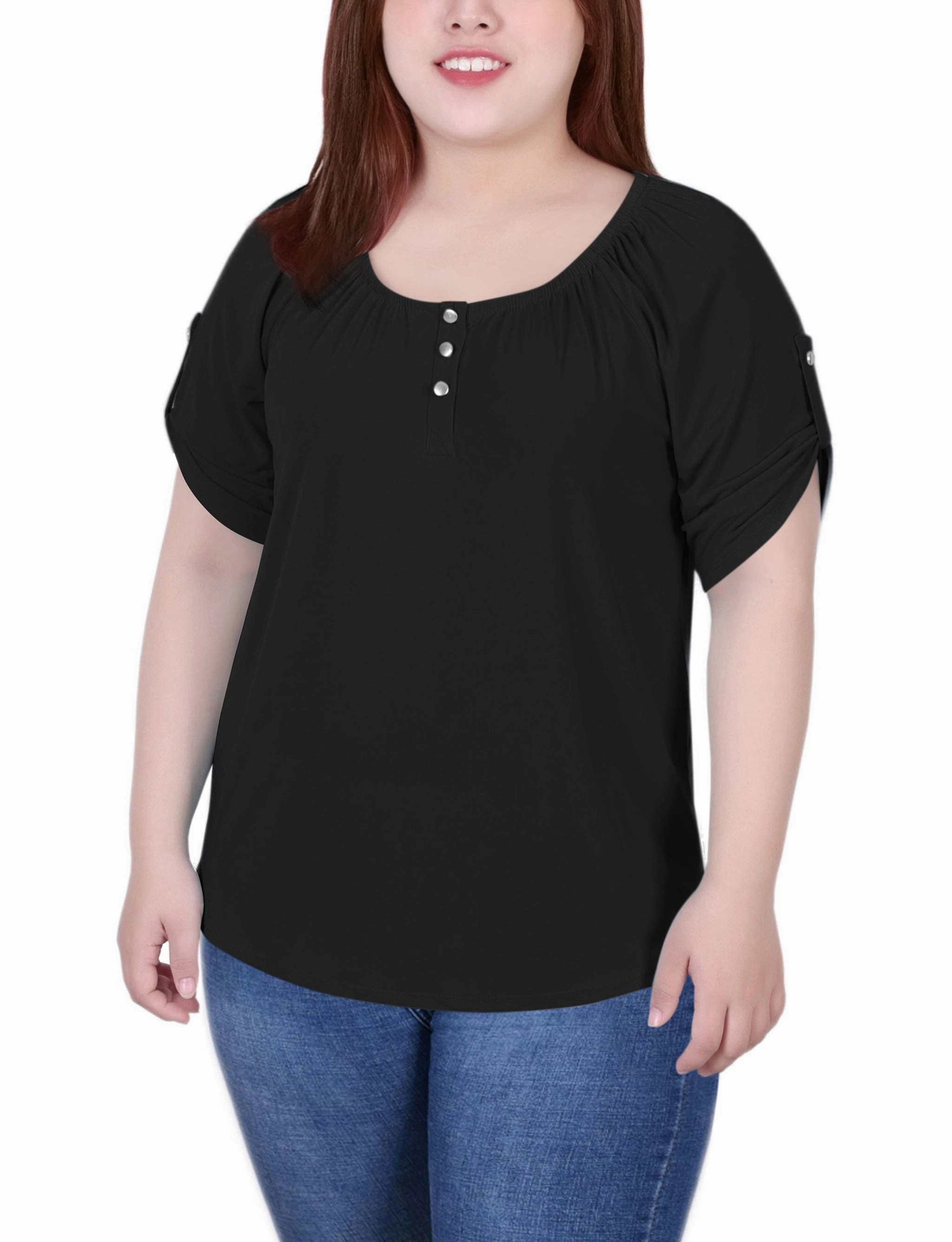 Plus Size Short Sleeve Round Neck Henley Top Soft Touch Feel