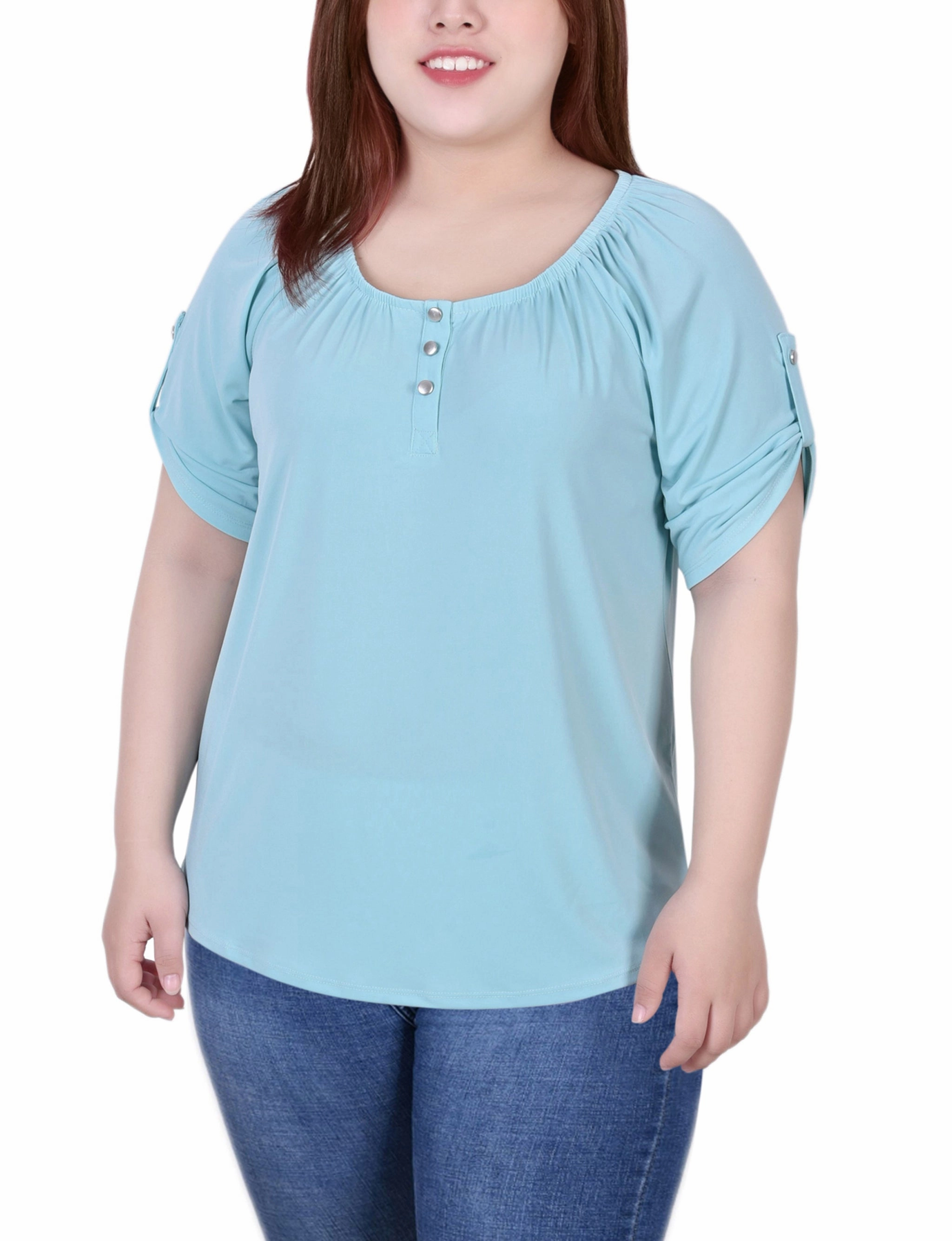 Plus Size Short Sleeve Round Neck Henley Top Classic Hoodie