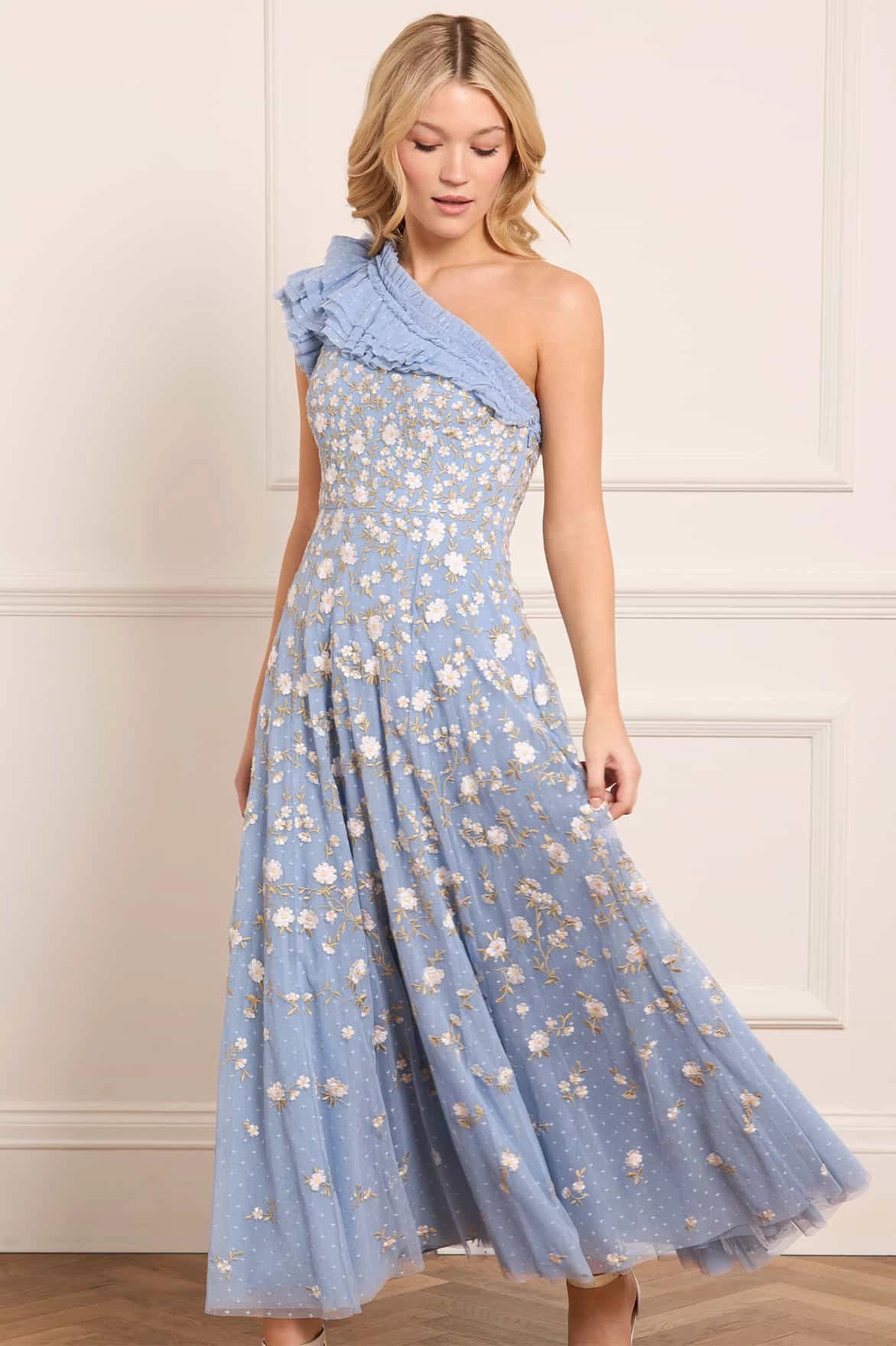 Lea Ditsy One-Shoulder Ankle Gown Feminine Style Crisp Detail