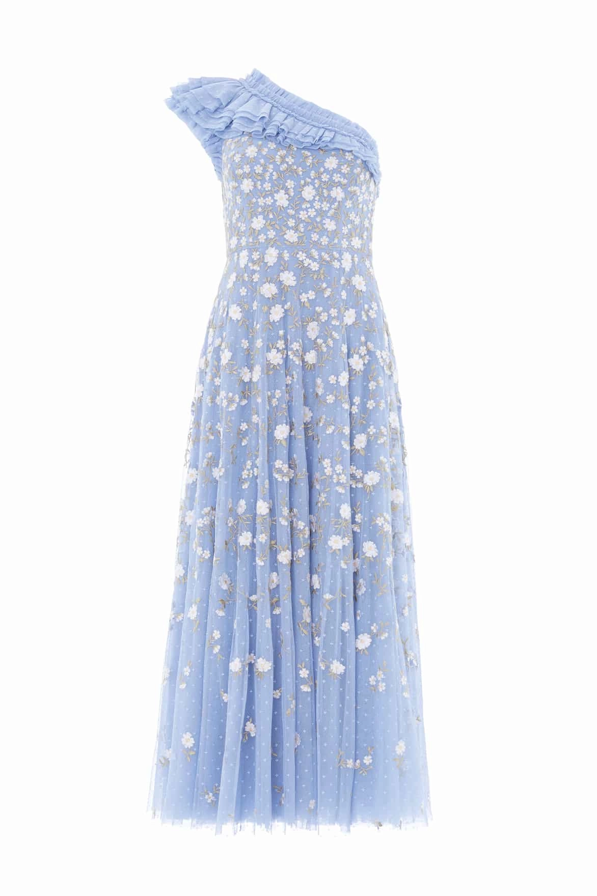 Low-Waist Lea Ditsy One-Shoulder Ankle Gown