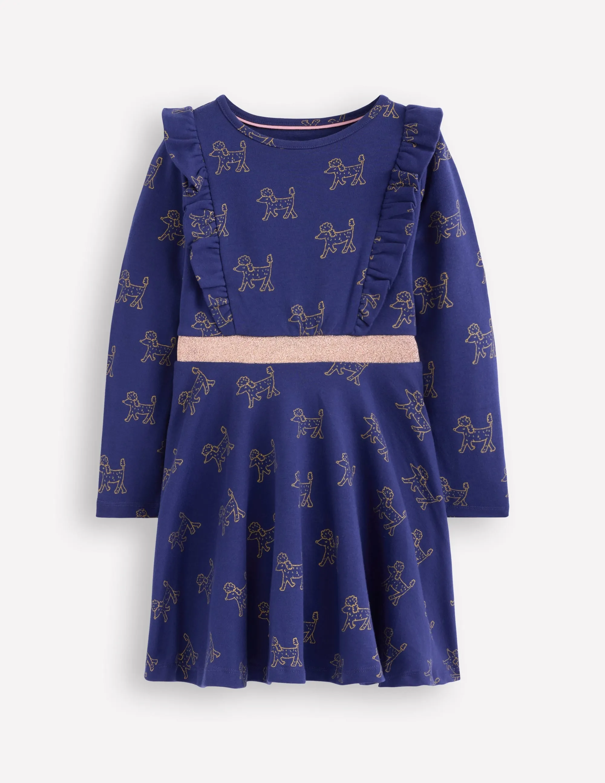 Cora Twirly Jersey Dress-Navy Foil Poodles Elastic Fit Button-Cuff