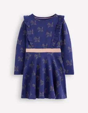 Cora Twirly Jersey Dress-Navy Foil Poodles Elastic Fit Button-Cuff