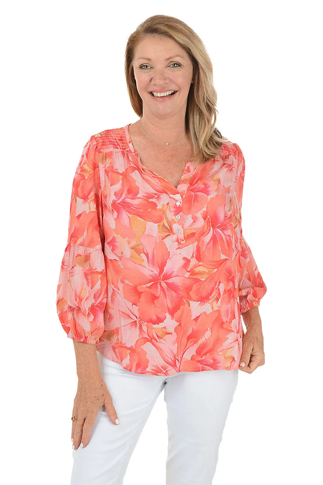 Antibacterial Coral Sky Jacquard Puff Sleeve Blouse