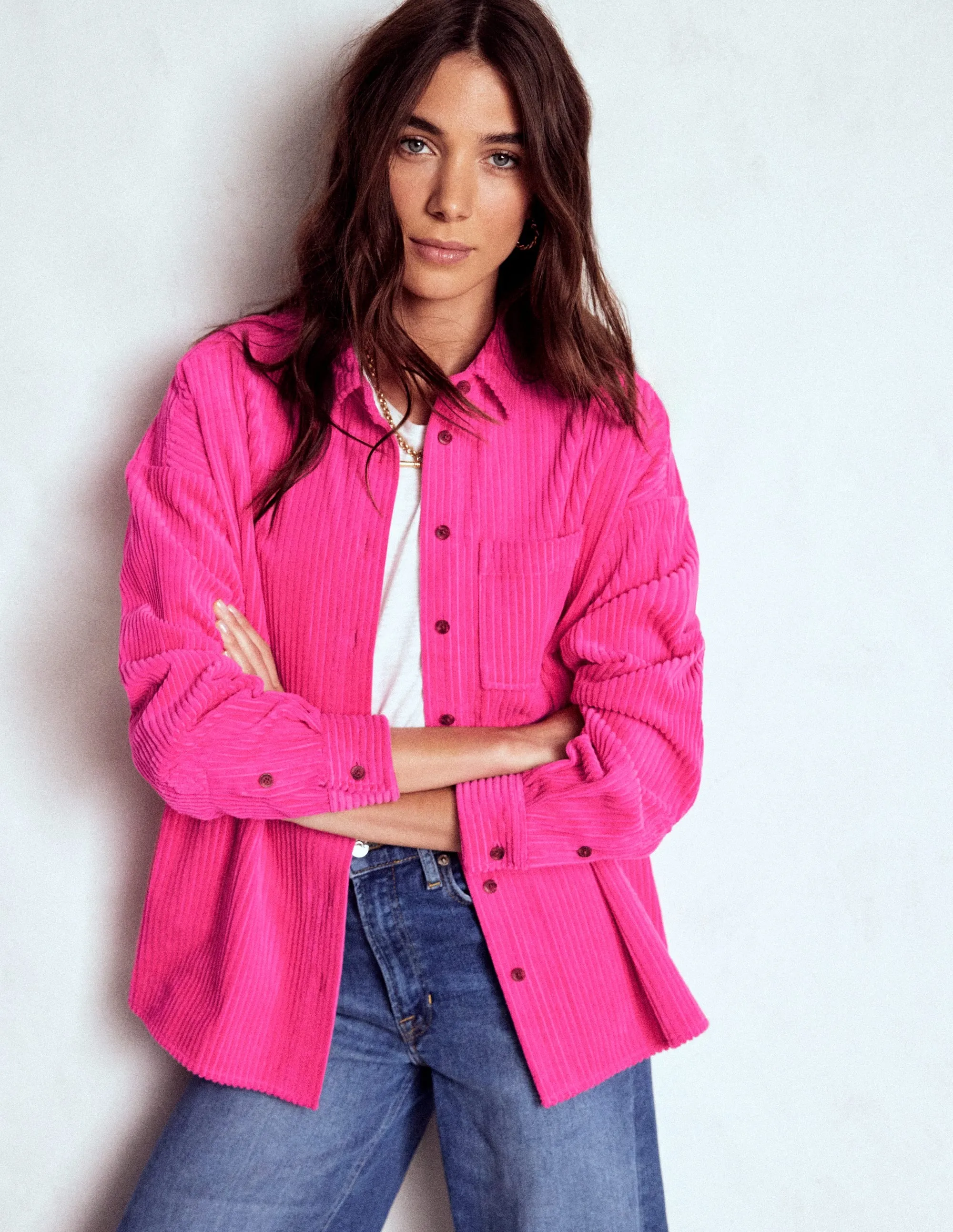 Cozy Knit Breathable Design Cord Overshirt-Pink Peony