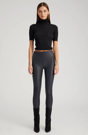 Navy Leather Crop Breathable Leggings Material