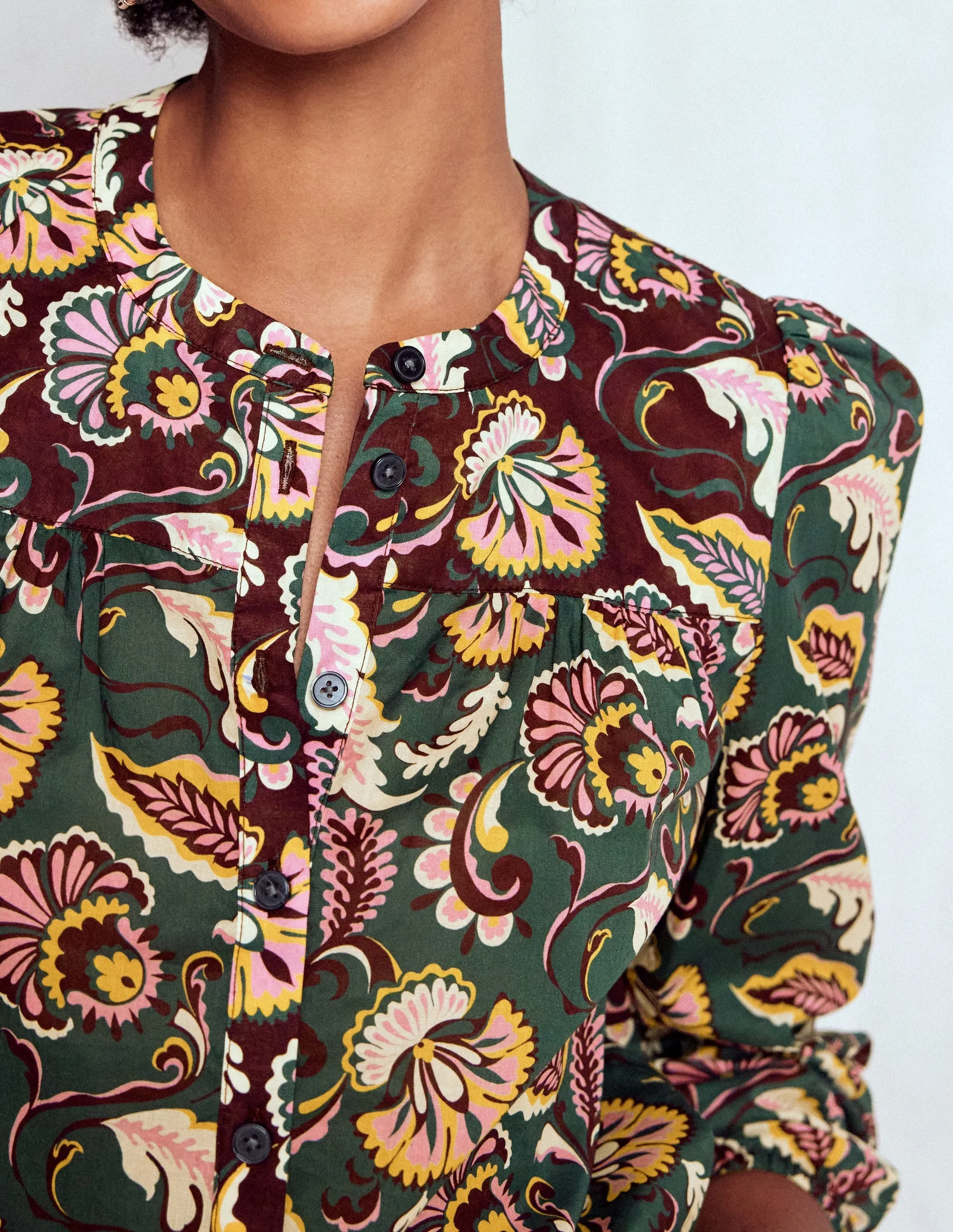 Microfiber texture Corrine Cotton Top-Dark Green, Ornate Meadow