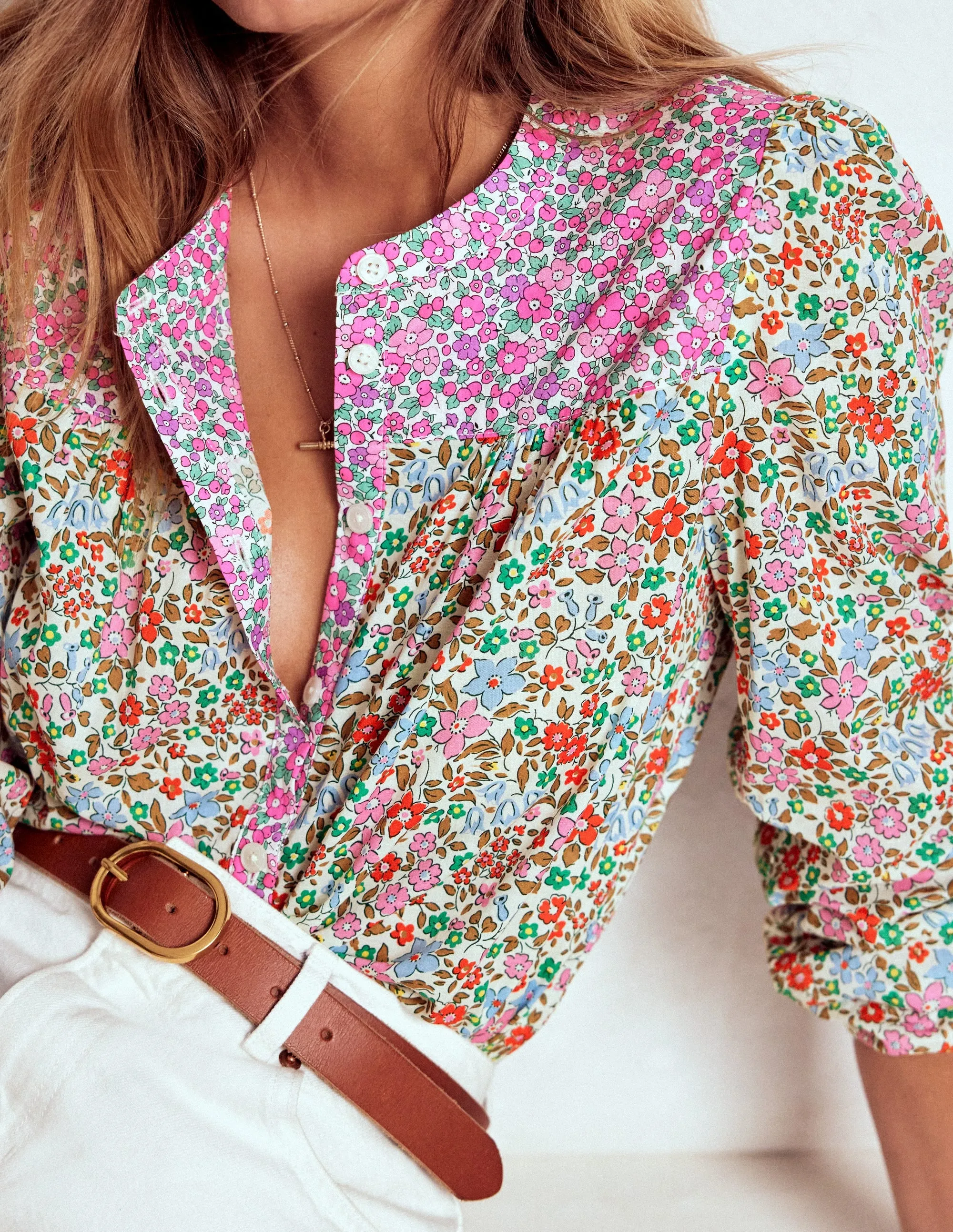 Corrine Cotton Top-Flowerbed Rolled Hem Detailing