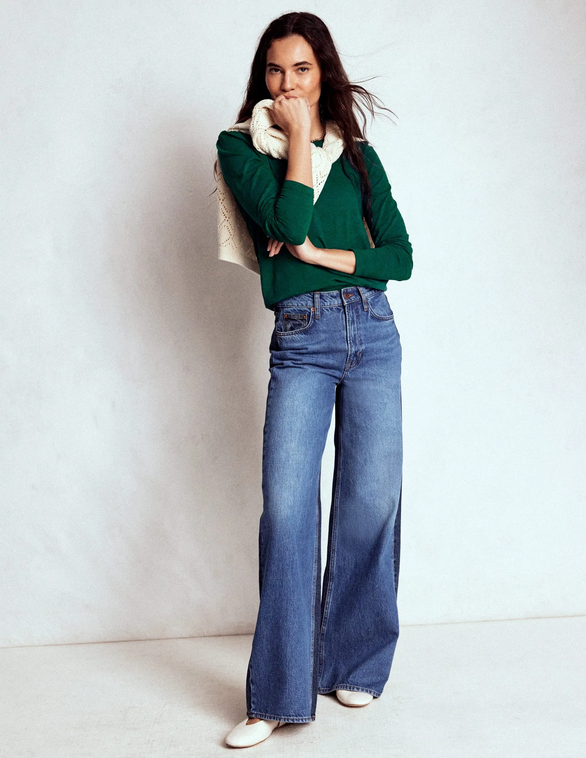 NonChafingTrim LaserCut Edges Cotton Crew Long Sleeve Top-Drake Green