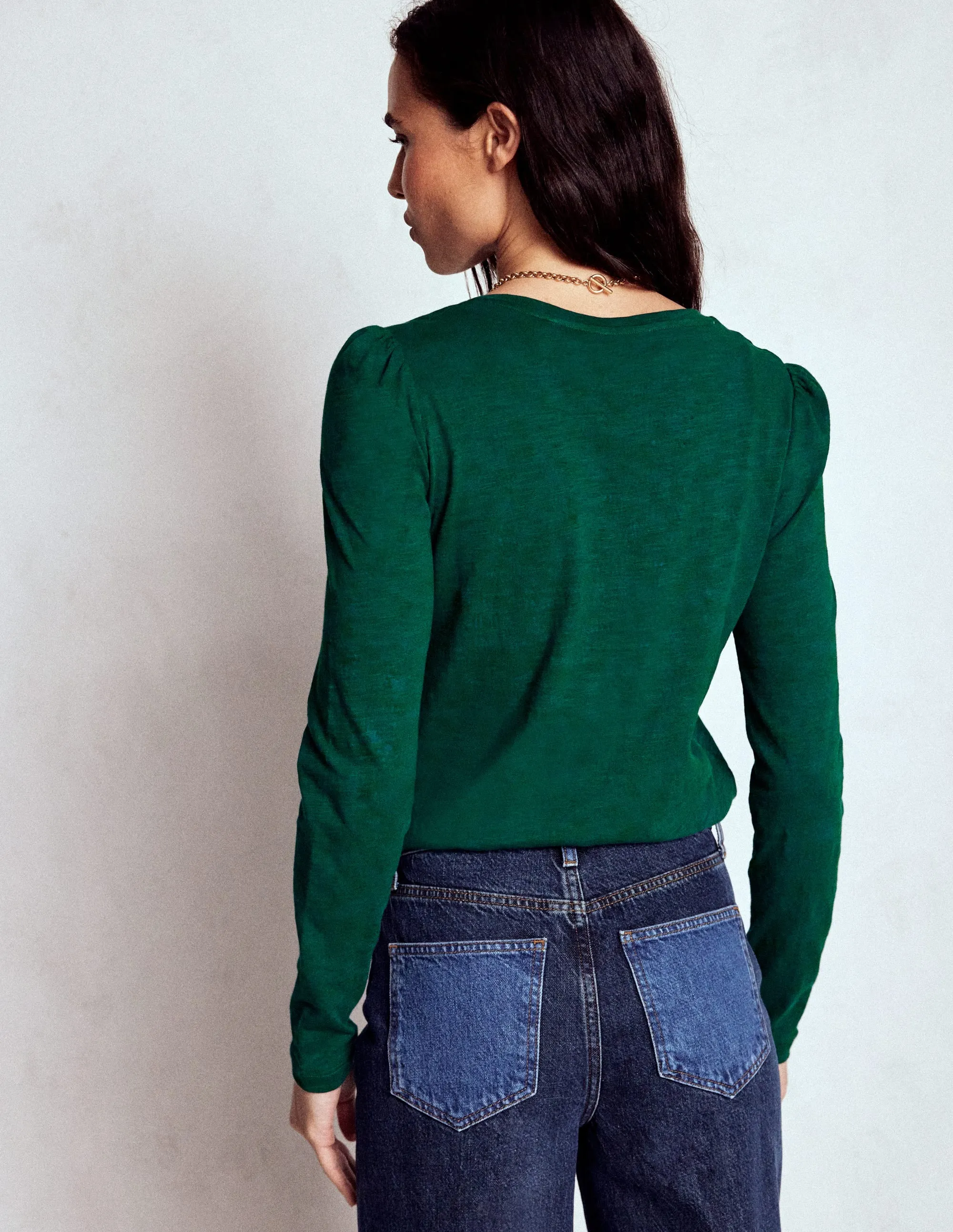 LightweightWeave Flatlock Stitching Technique Cotton Crew Long Sleeve Top-Drake Green