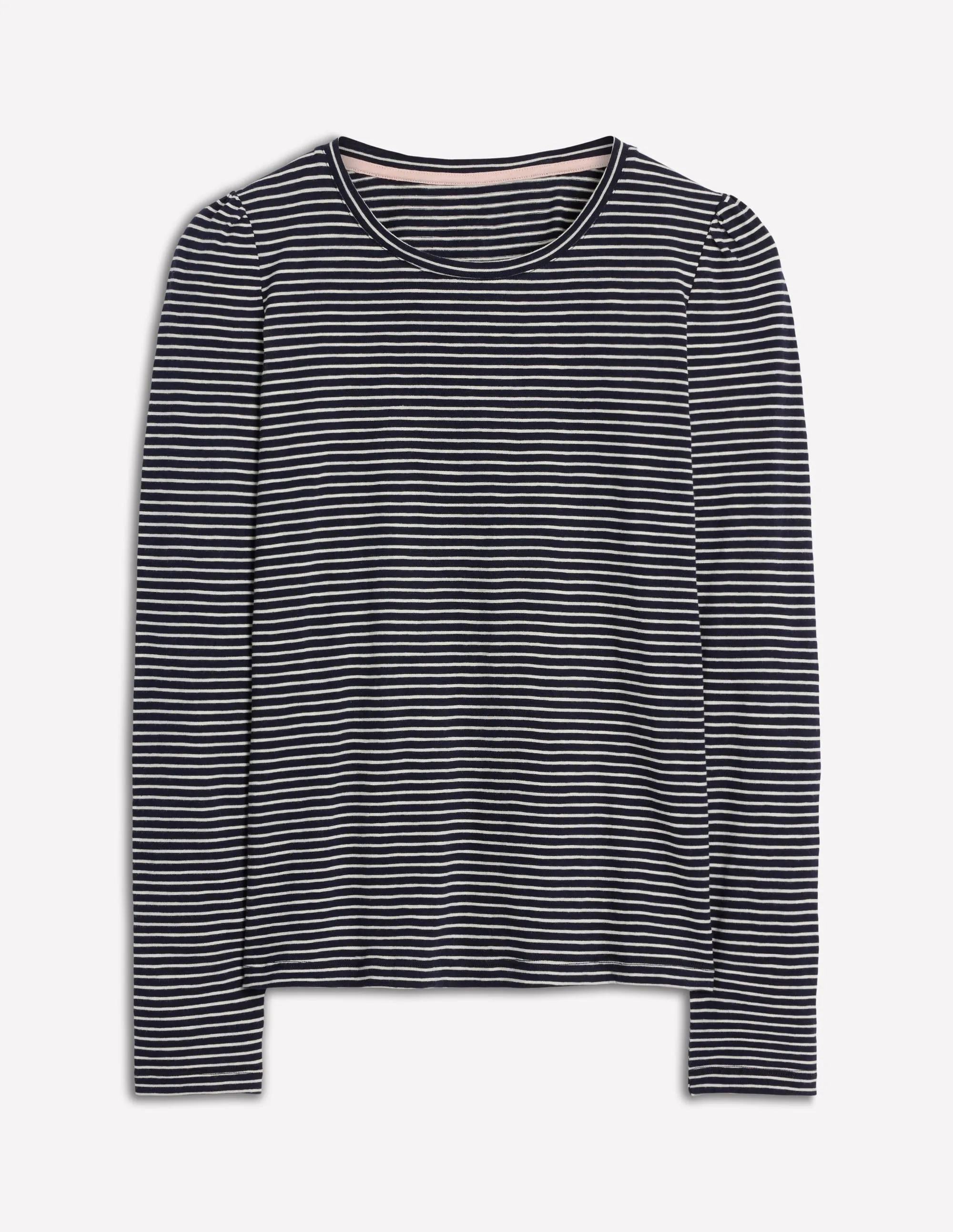 Laser Cut Edges Cold Weather Cotton Crew Long Sleeve Top-Navy, Ivory Stripe