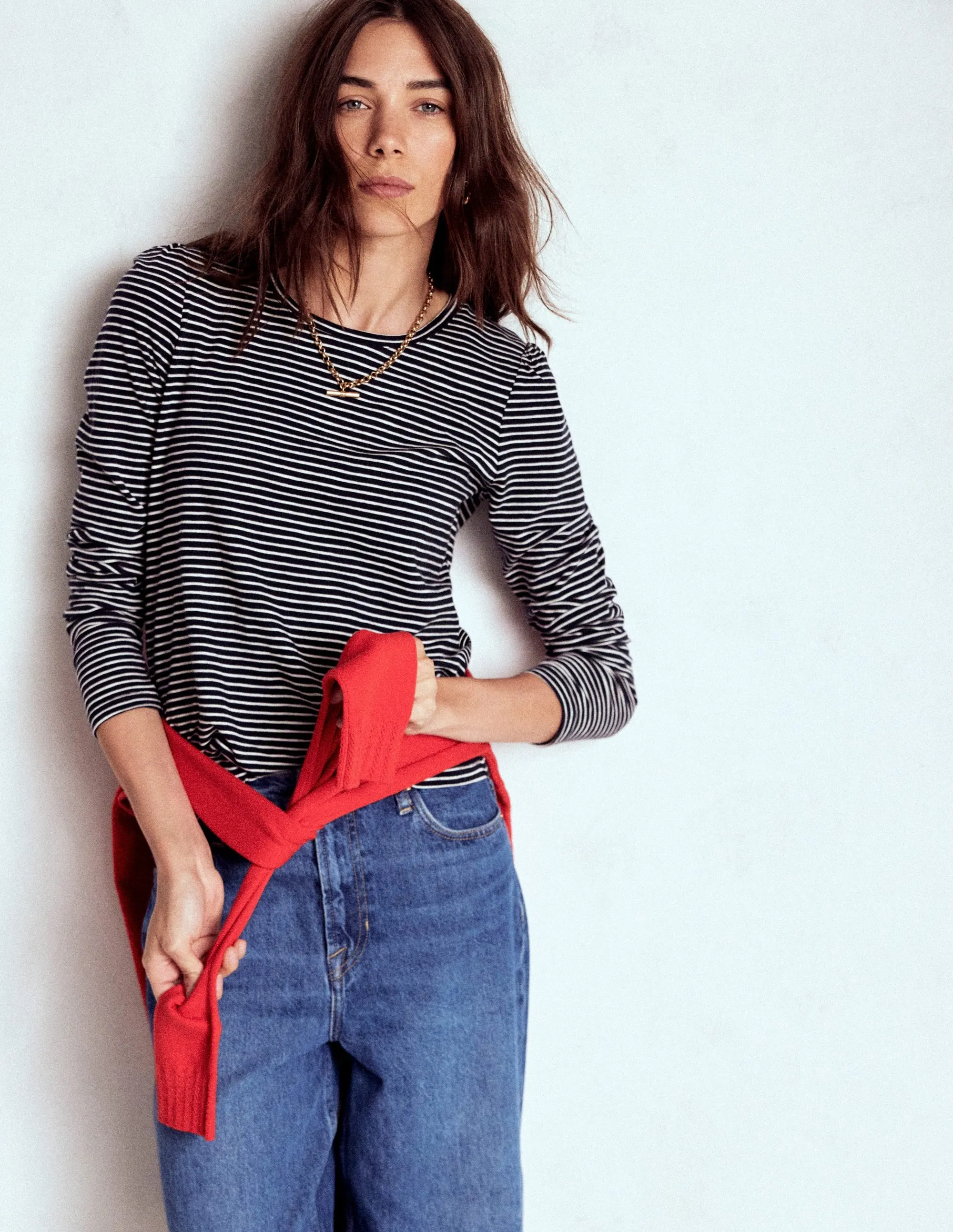 GarmentWashed Softness Cotton Crew Long Sleeve Top-Navy, Ivory Stripe