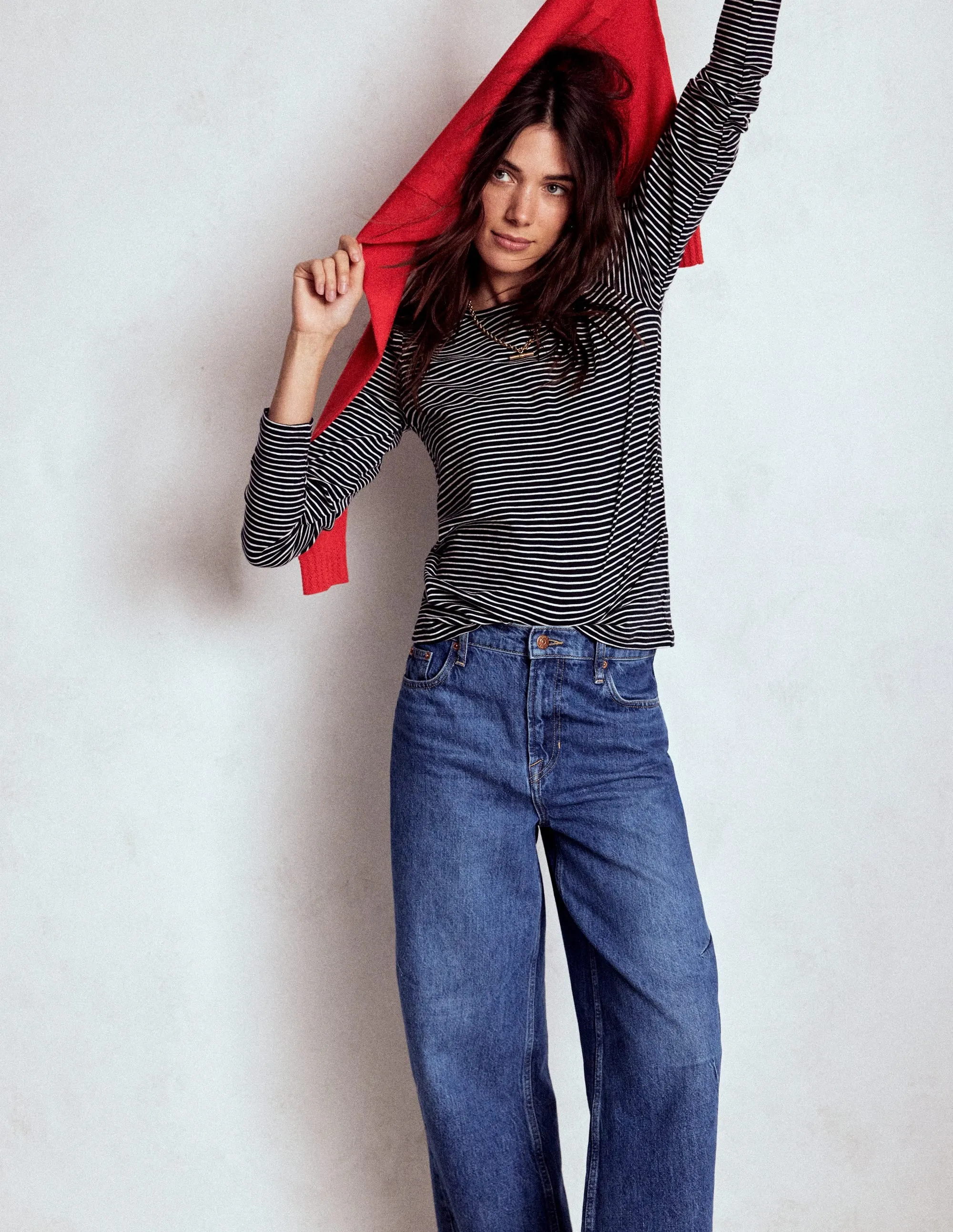 MoistureWickingTechnology Cotton Crew Long Sleeve Top-Navy, Ivory Stripe