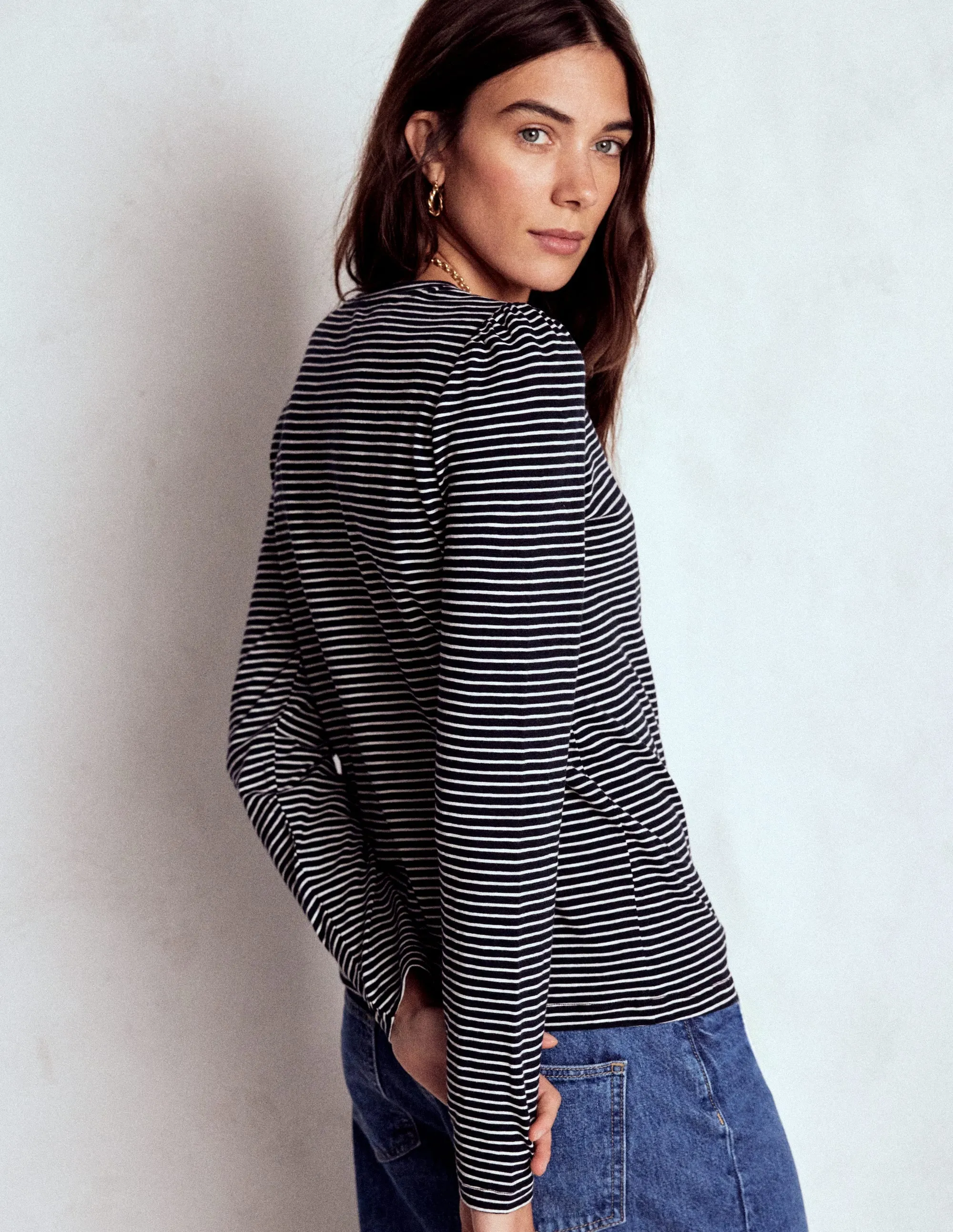Cotton Crew Long Sleeve Top-Navy, Ivory Stripe High Collar Protection Design