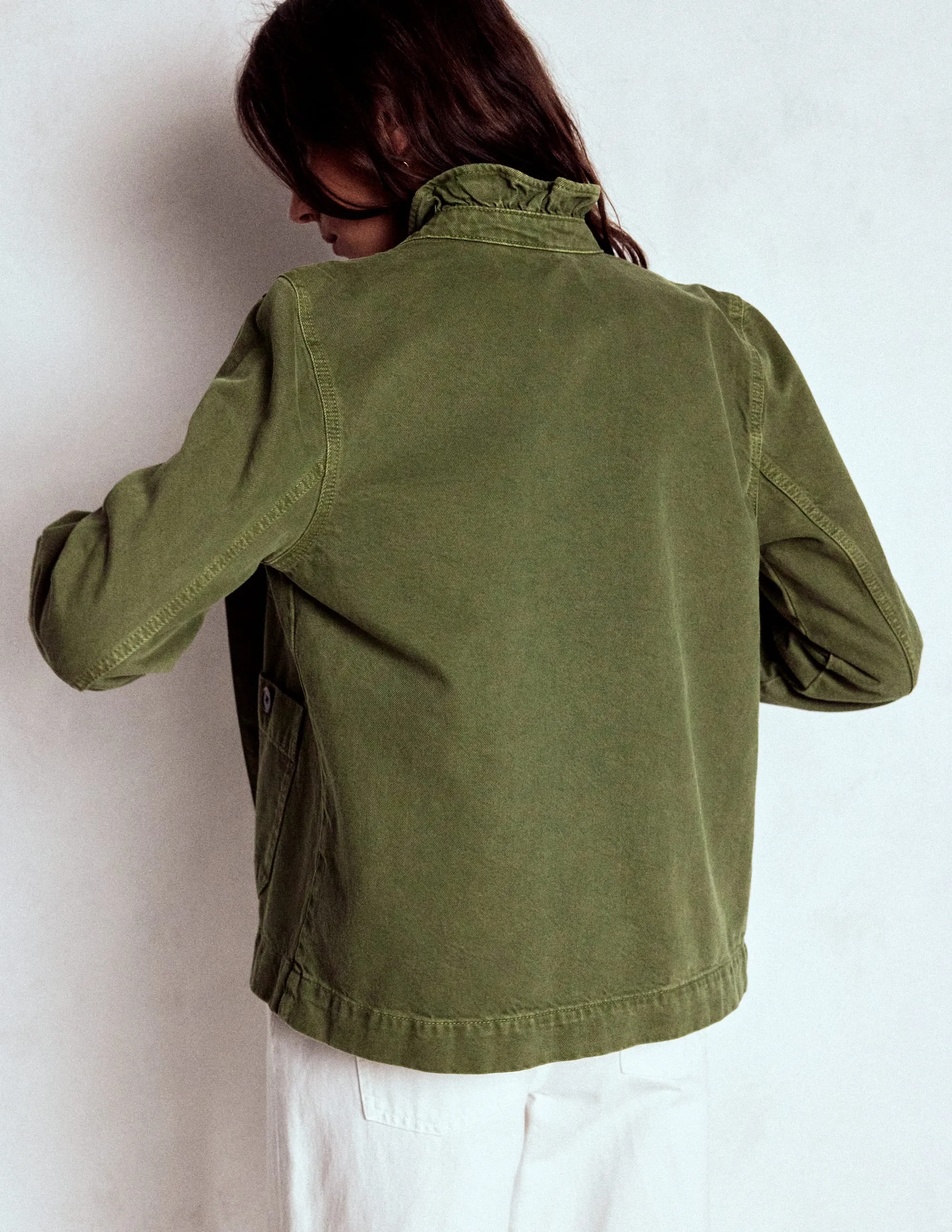 Magnetic Closure Snow Block Cotton Frill Collar Jacket-Woodland Green