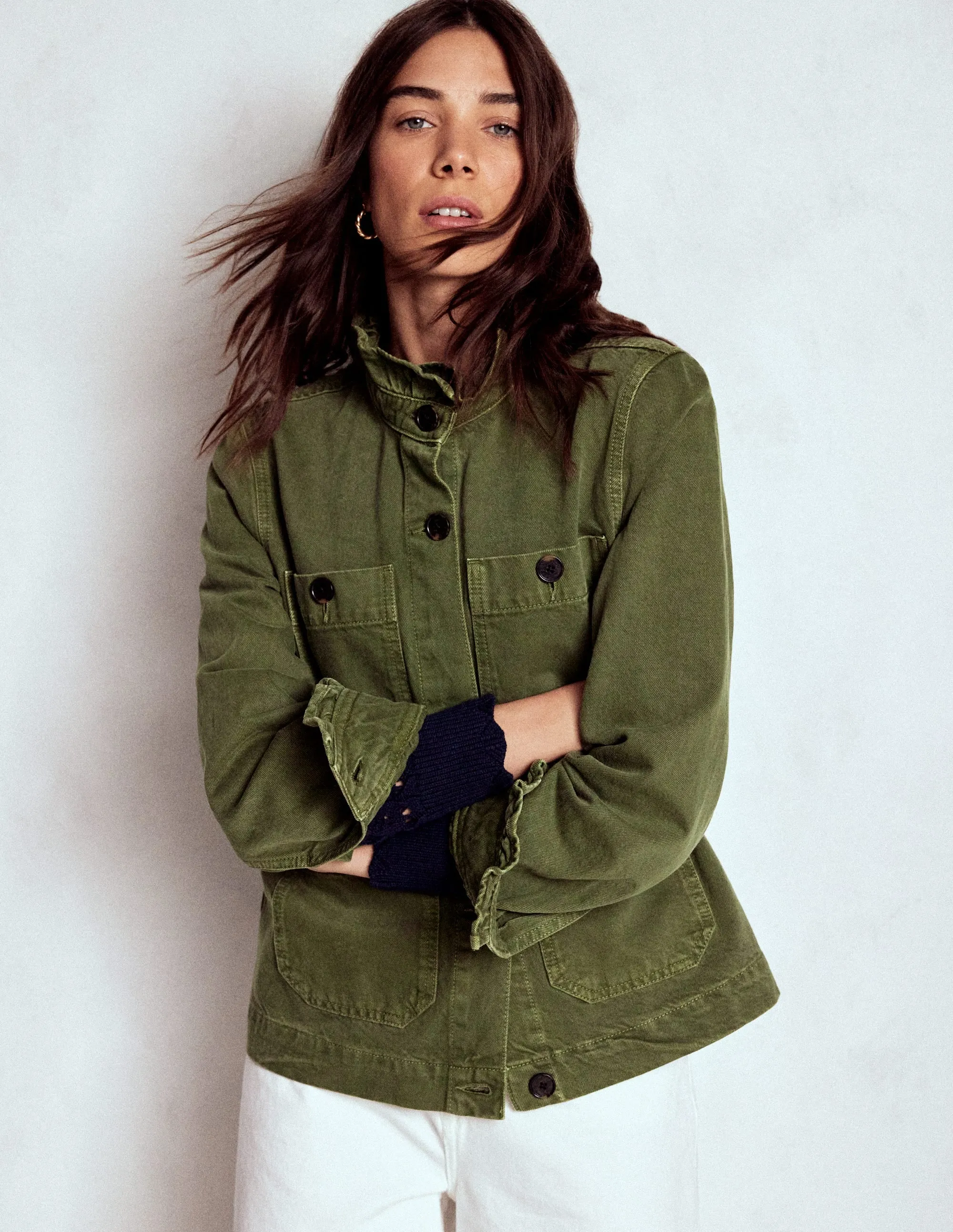 Temperature Balancing Layer Cotton Frill Collar Jacket-Woodland Green