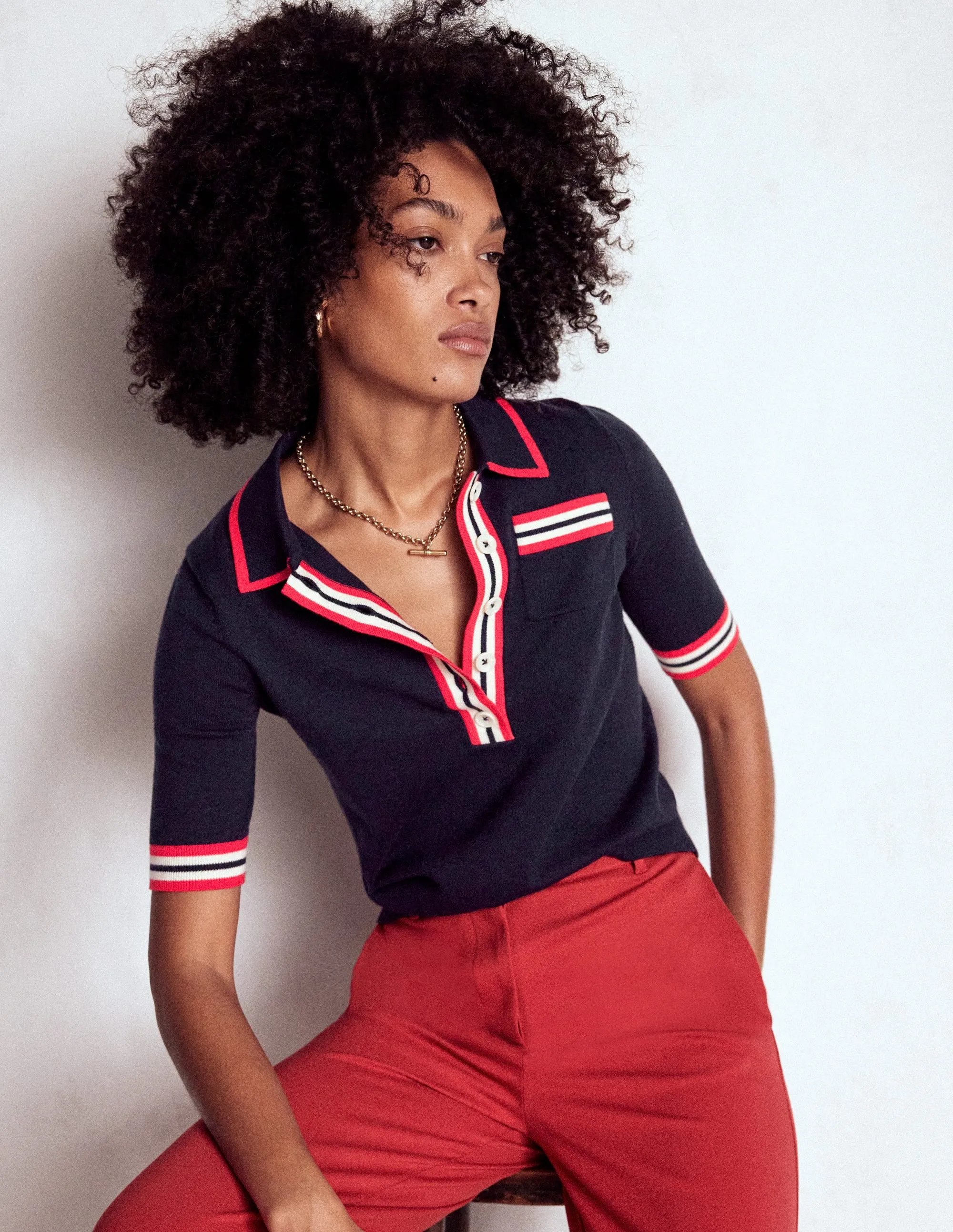 Cotton Henley T-shirt-Navy Wardrobe Must Chunky Cable Pattern