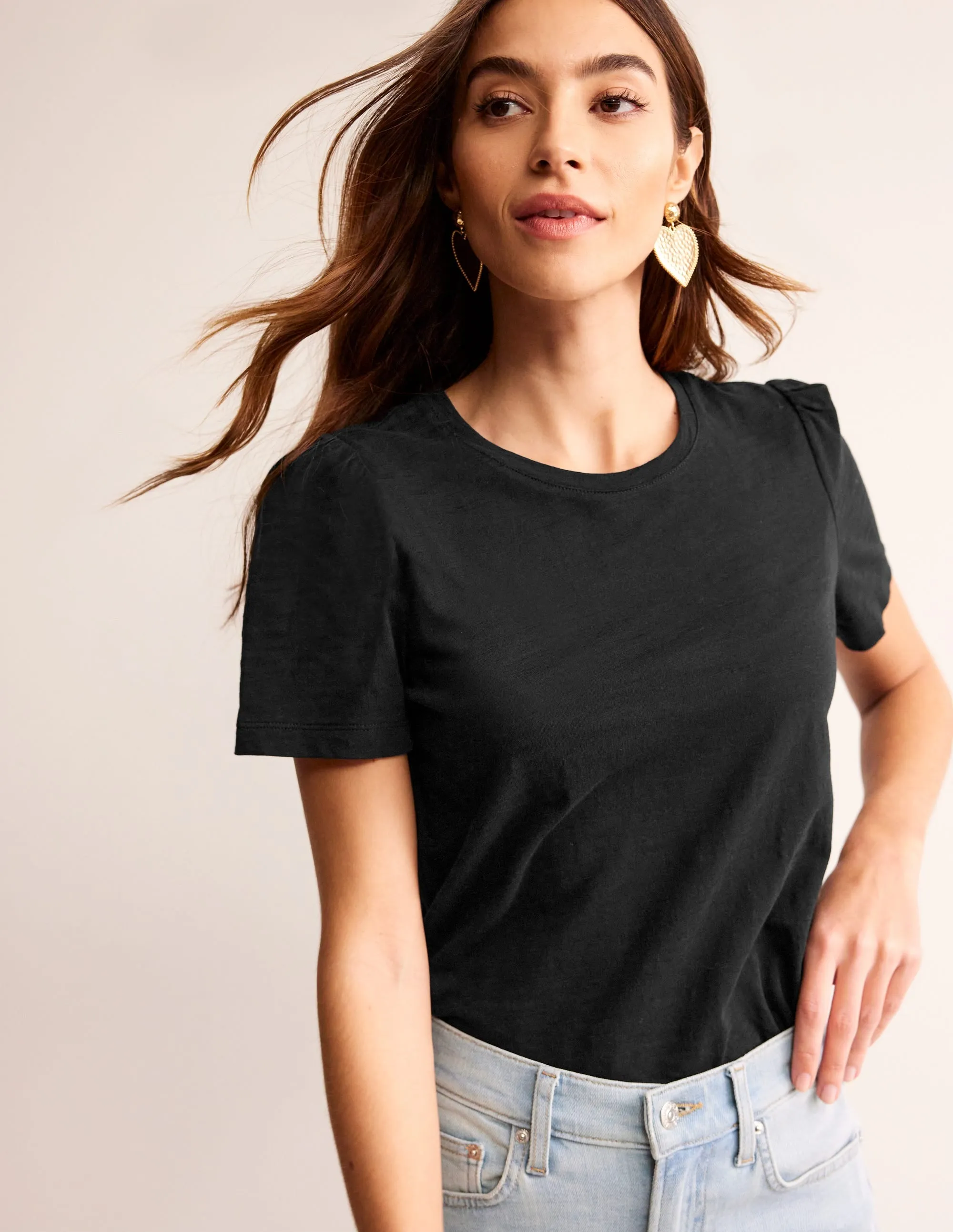 Cotton Puff Sleeve T-Shirt-Black AntiPilling