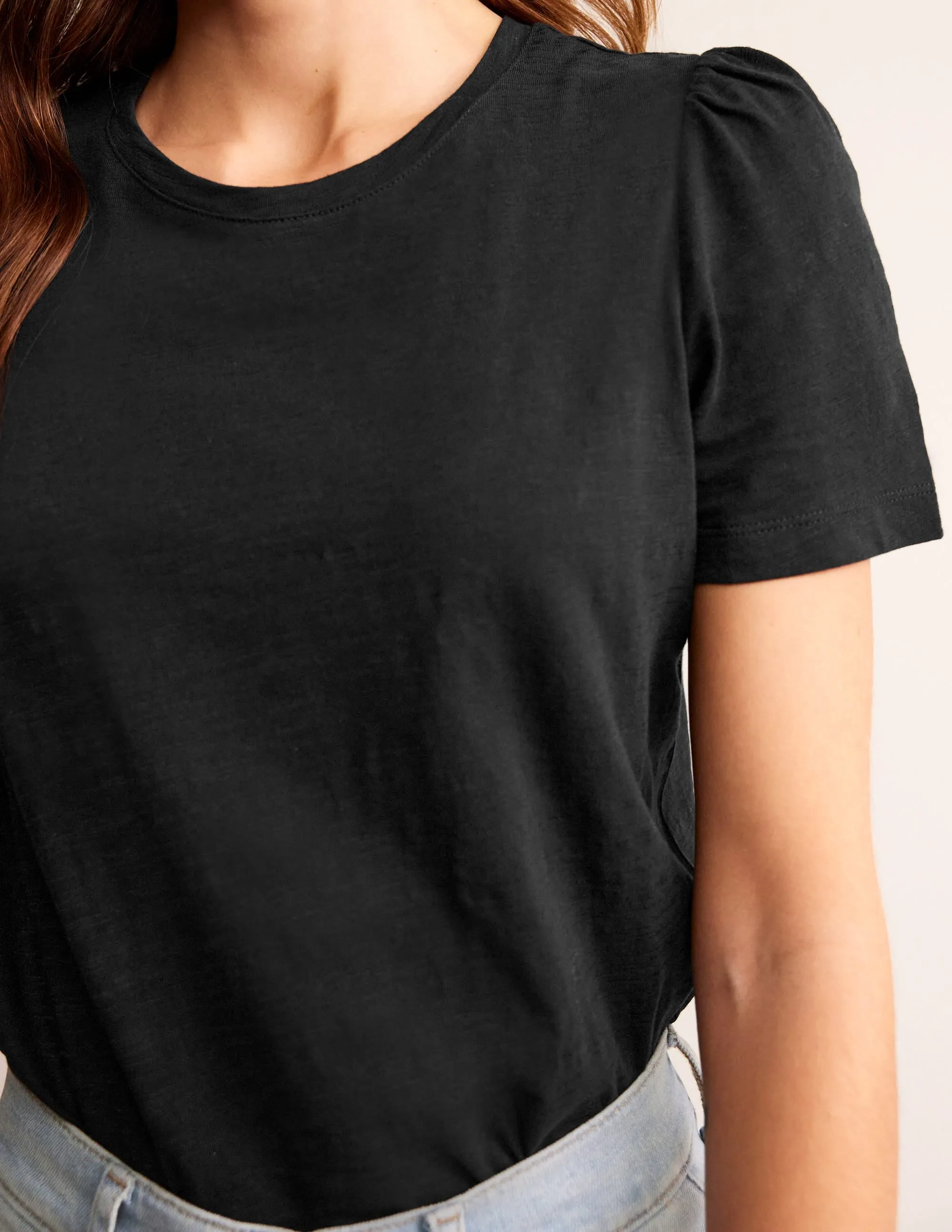 Flatlock Seam Technique Cotton Puff Sleeve T-Shirt-Black