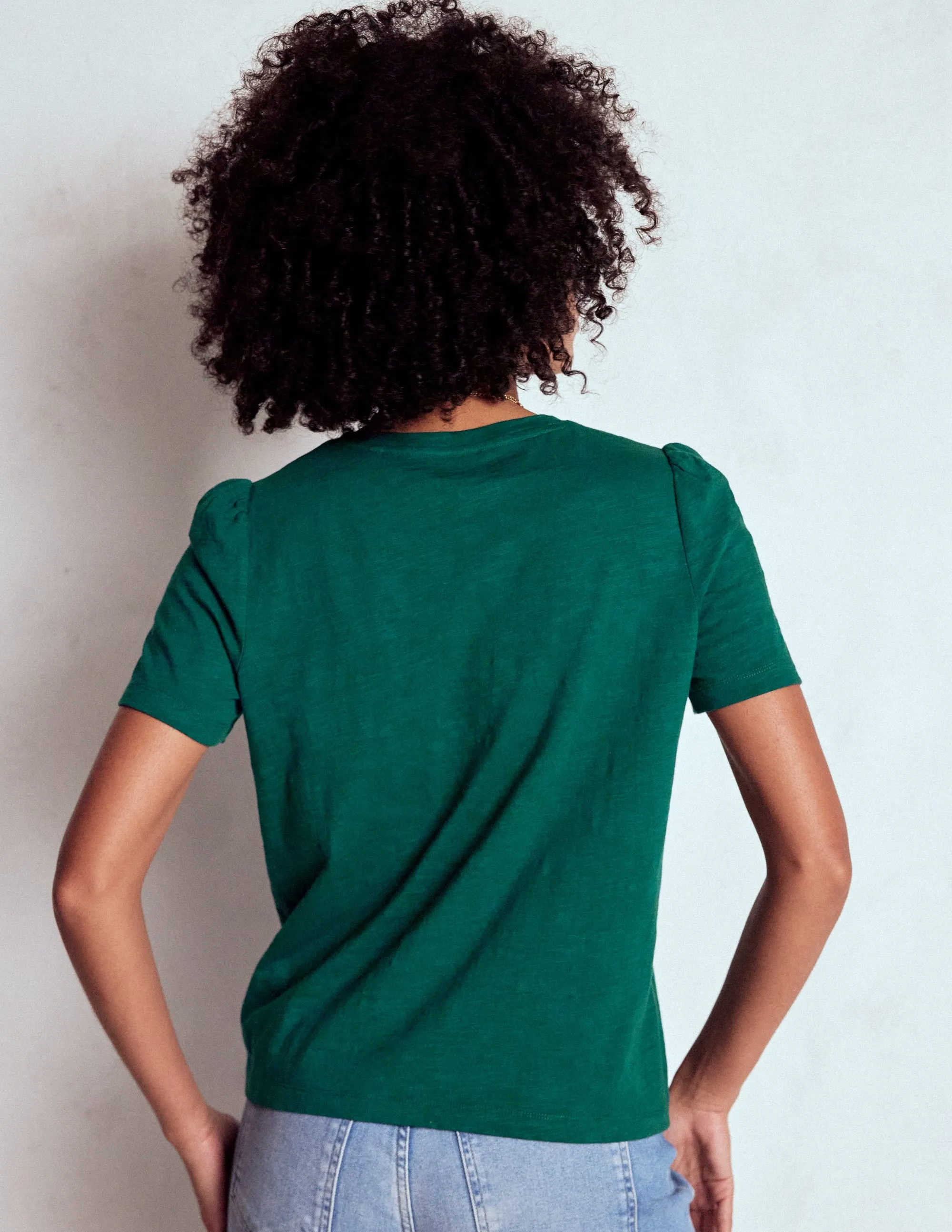Cotton Puff Sleeve T-Shirt-Drake Green Tear Resistant Reinforcement Breathable Lining