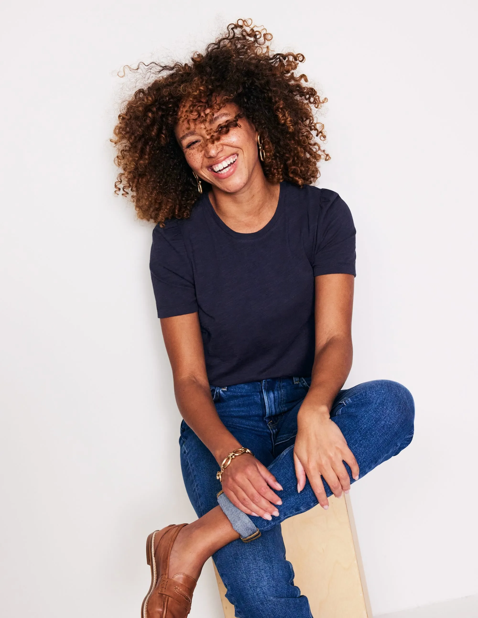 Multi Pocket Configuration Cotton Puff Sleeve T-Shirt-Navy