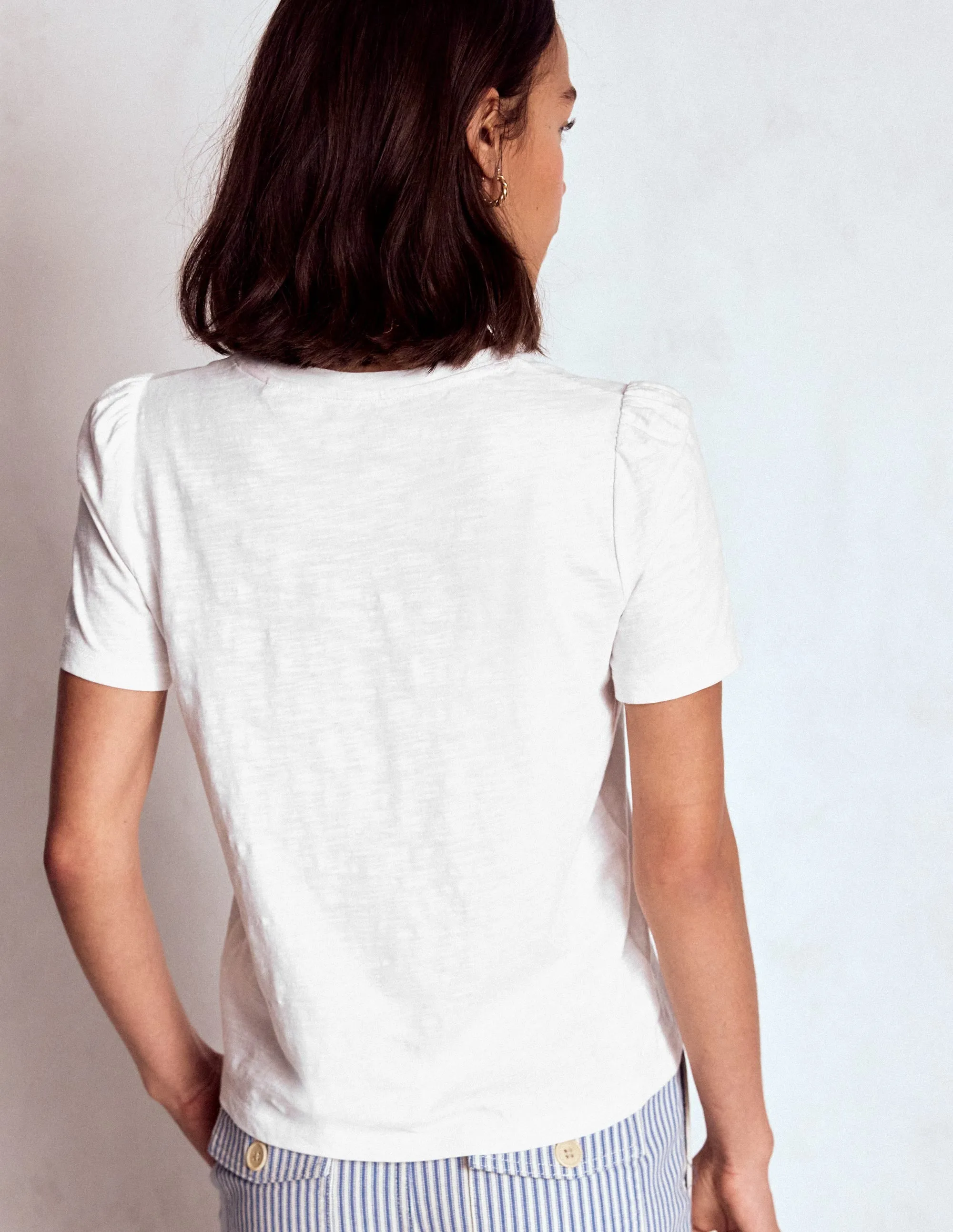 Cotton Puff Sleeve T-Shirt-White Versatile Shirt Airflow Optimized Weave