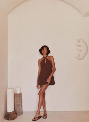 Counting Stars Linen Halterneck Dress - Chocolate