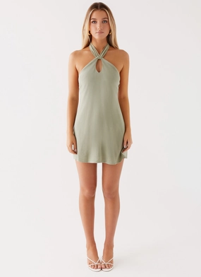 Counting Stars Linen Halterneck Dress - Sage