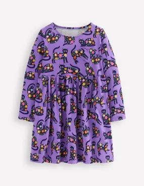 Heart Pocket Fun Jersey Dress-Purple Topaz Spooky Cats Spring Garden