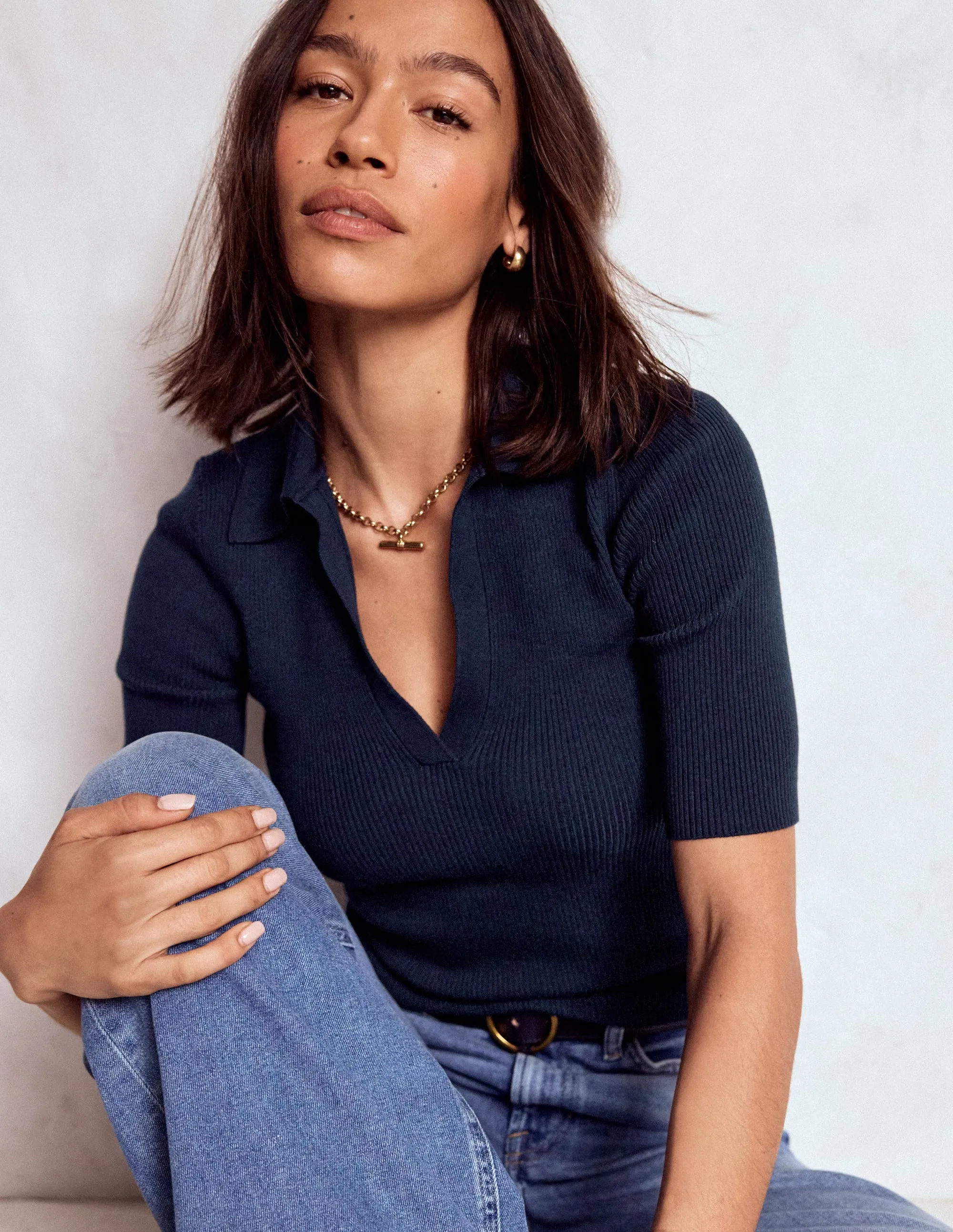 Jacquard Pattern Rib Henley Top-Navy