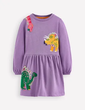 Trendy Layering V-Neck Applique Sweatshirt Dress-Aster Purple Dinosaurs