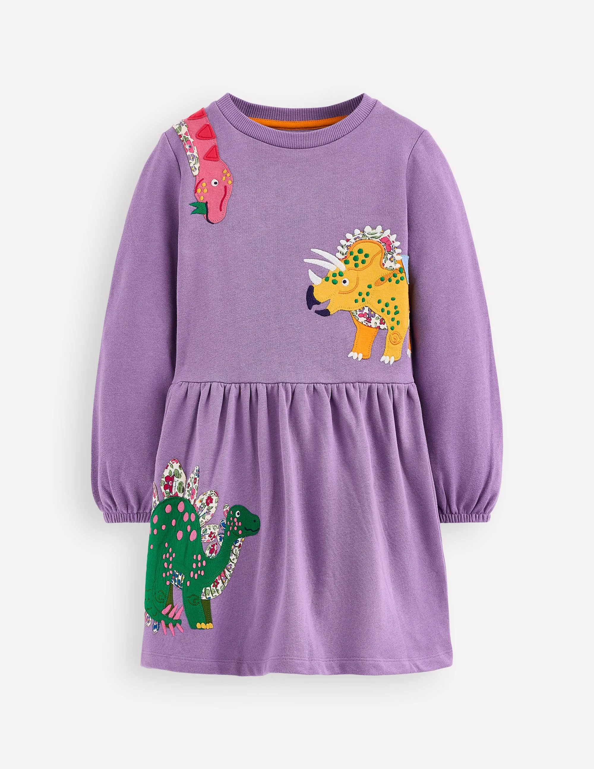 Trendy Layering V-Neck Applique Sweatshirt Dress-Aster Purple Dinosaurs