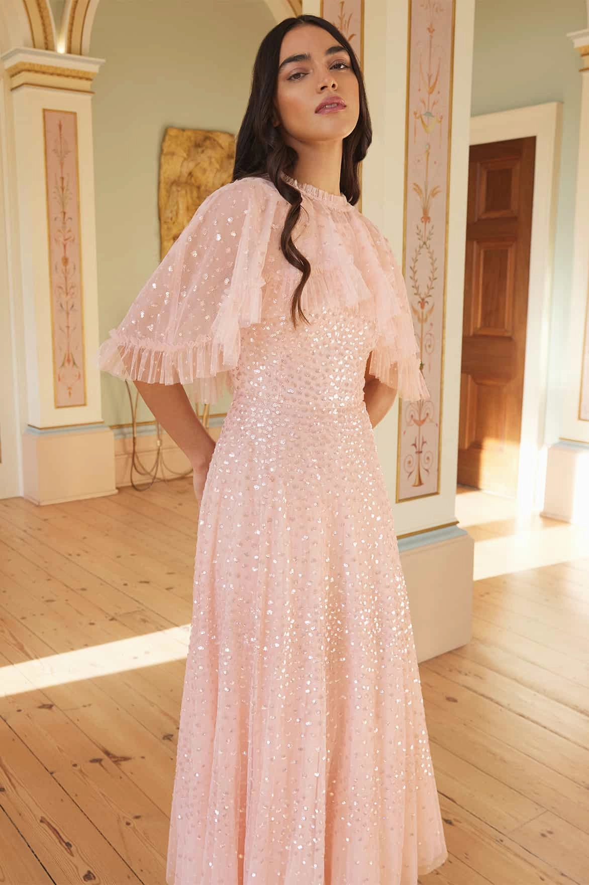 High Hemline Scatter Dot Short Cape Ankle Gown