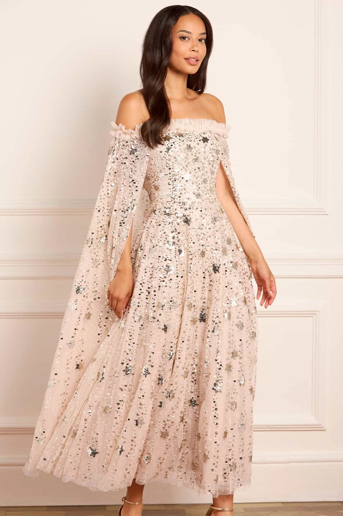 Shooting Stars Cape Ankle Gown Flowy casual dress Metallic Finish