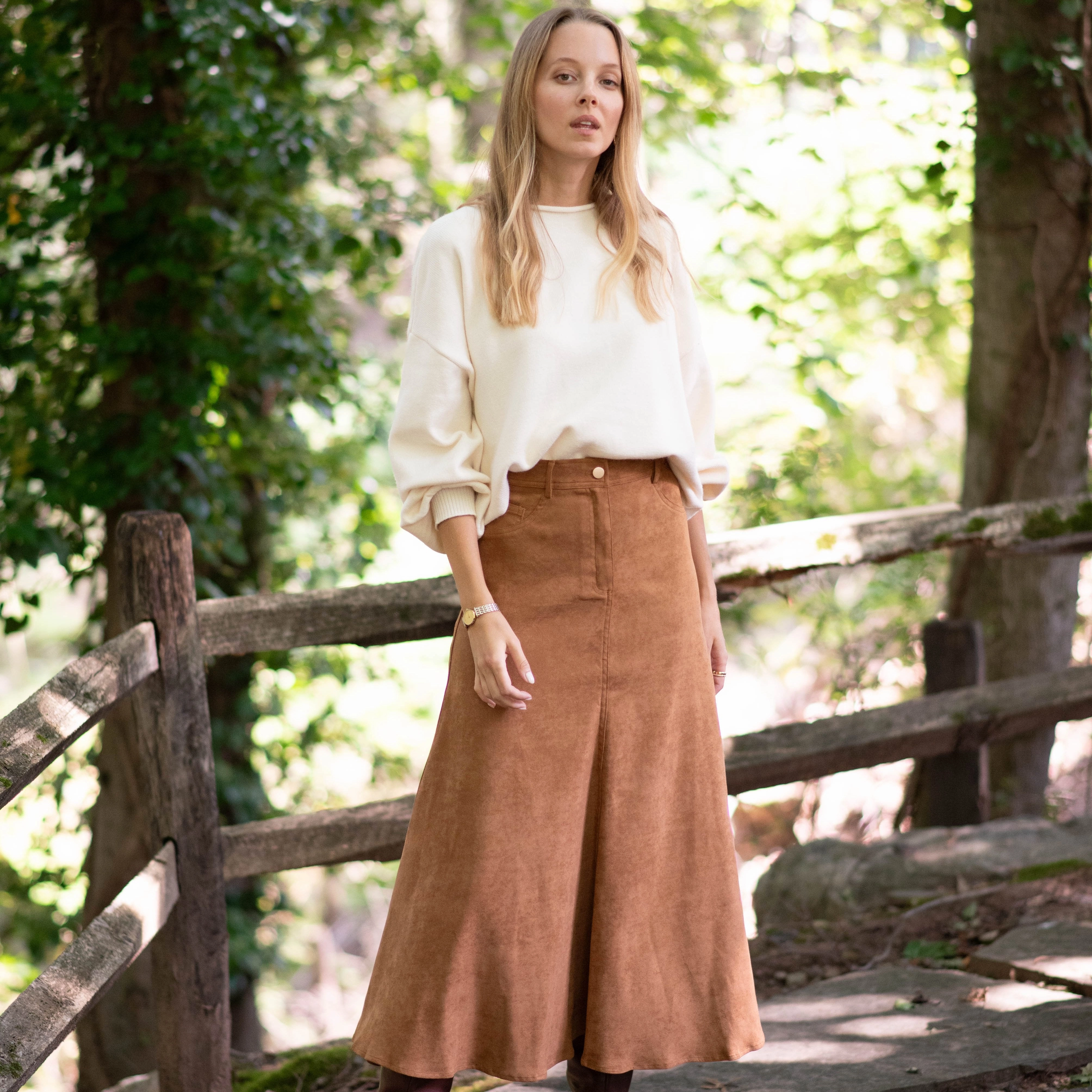 Subtle Shimmer Gentle Wear Suede Maxi Skirt | Camel
