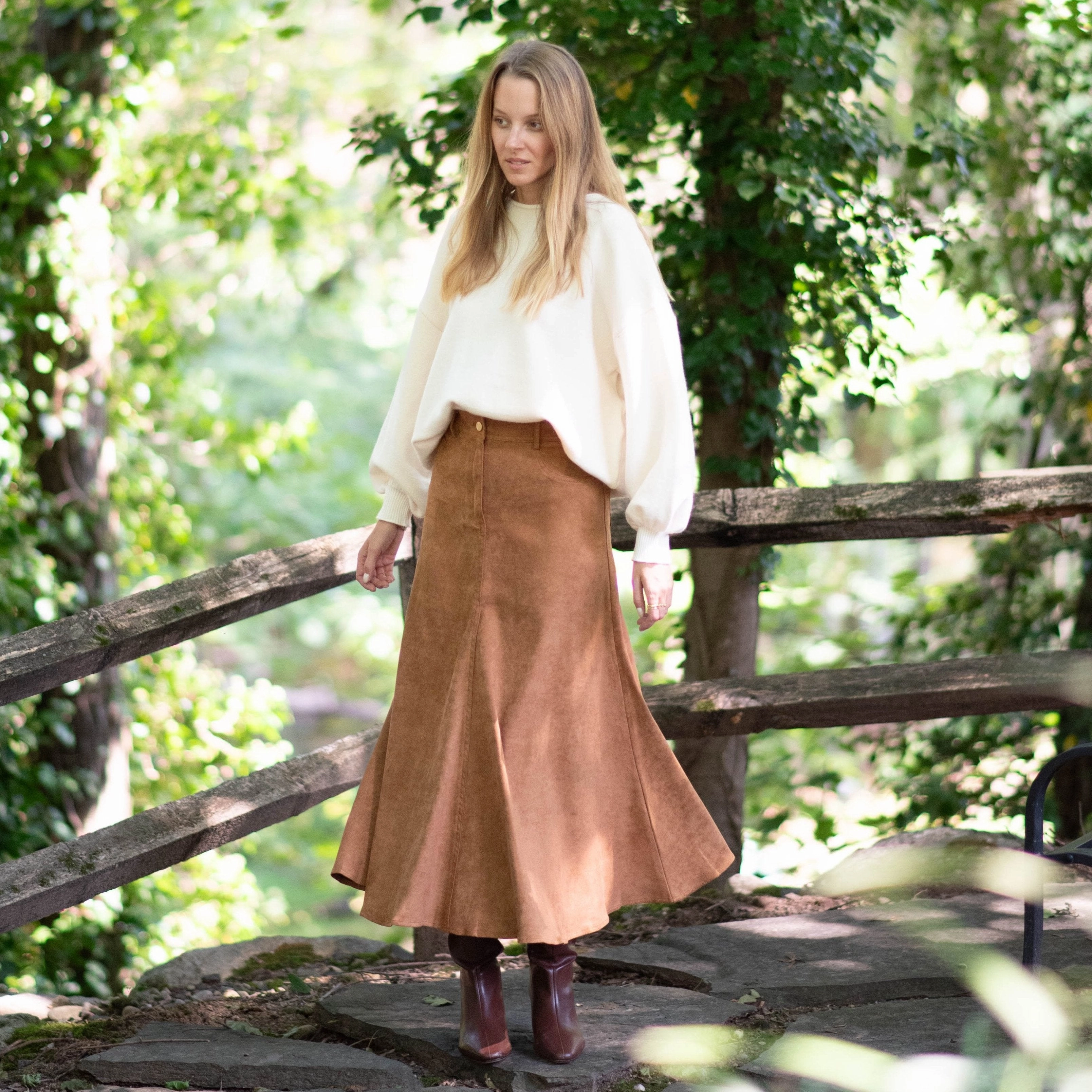 Suede Maxi Skirt | Camel Elegant Flow Fold Over Detail